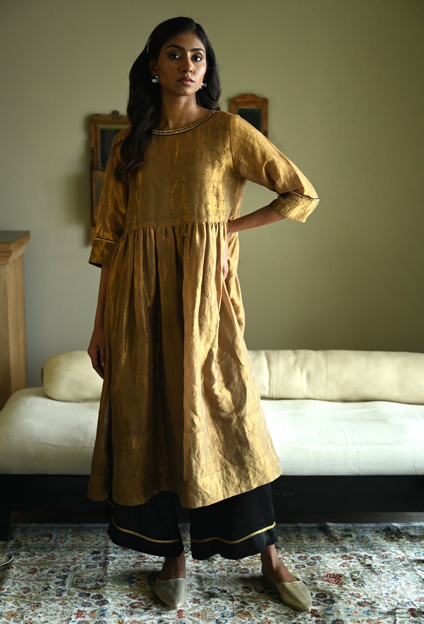 Anna Dress in Gold Tissue with Black Flared Pant