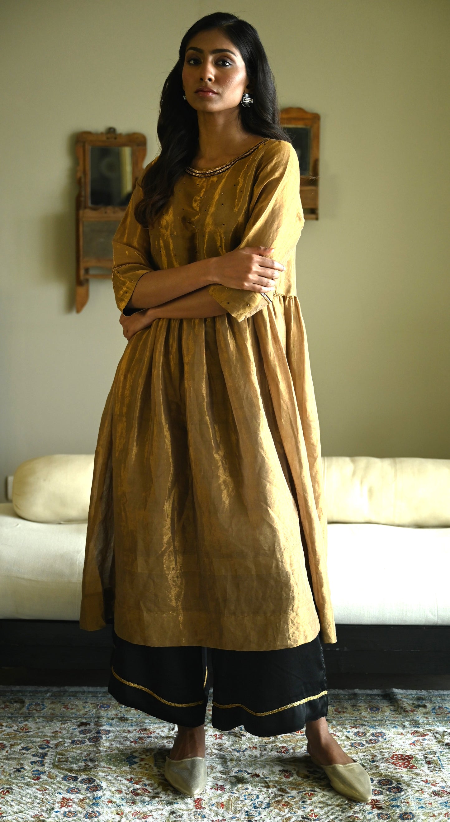 Anna Dress in Gold Tissue with Black Flared Pant