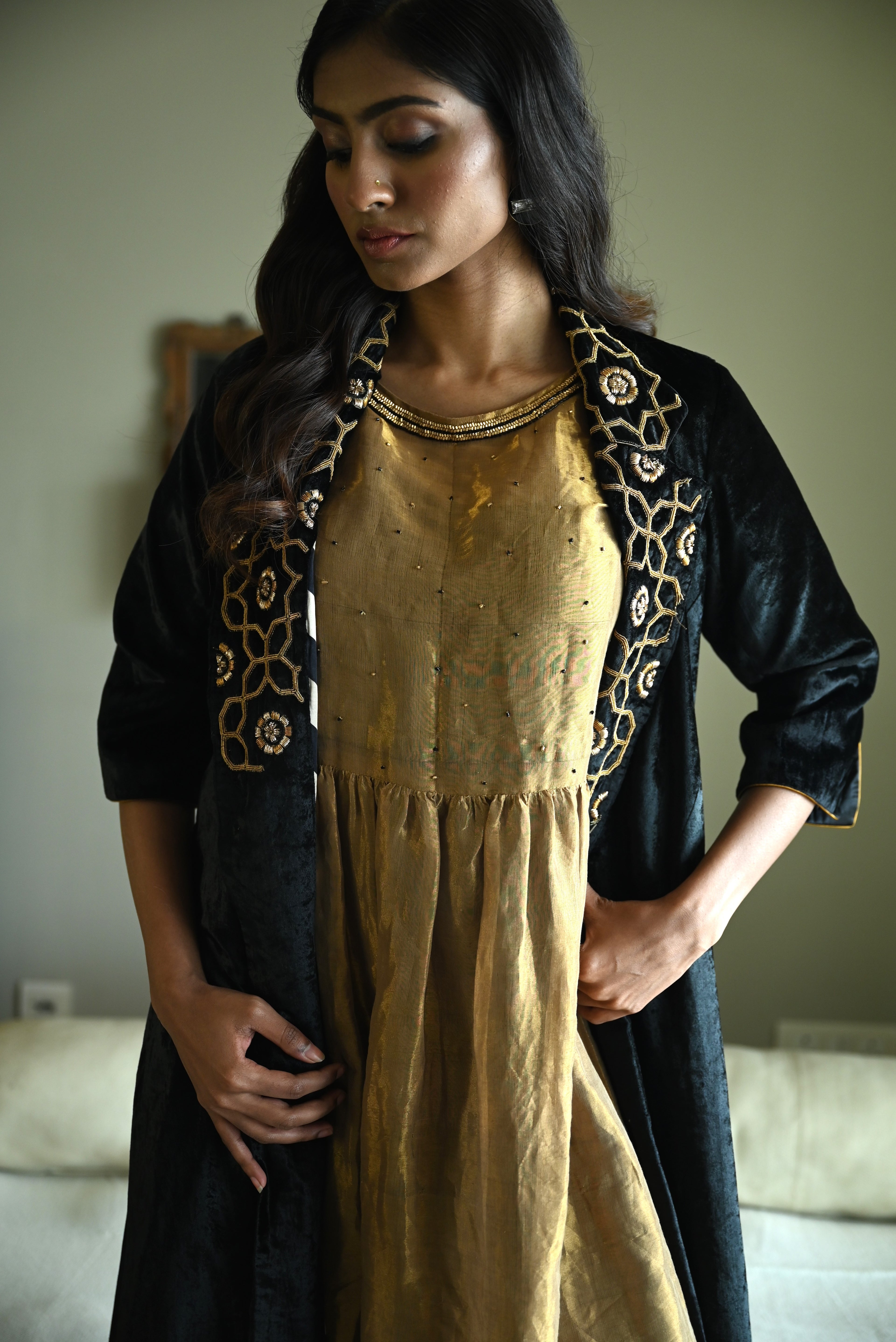 Anna Dress in Gold Tissue with Black Flared Pant