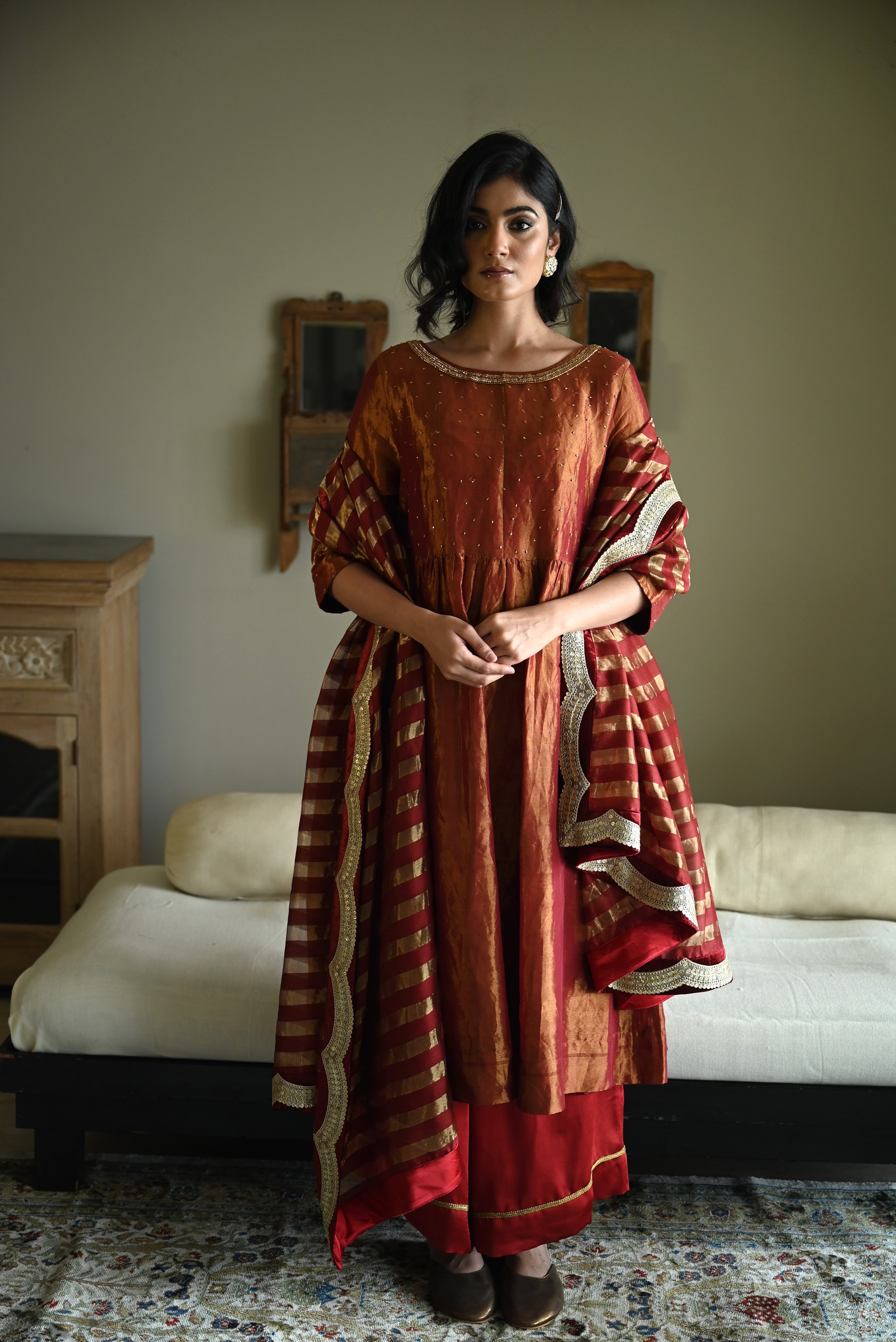 Anna Dress in Red Tissue with Red Flared Pant