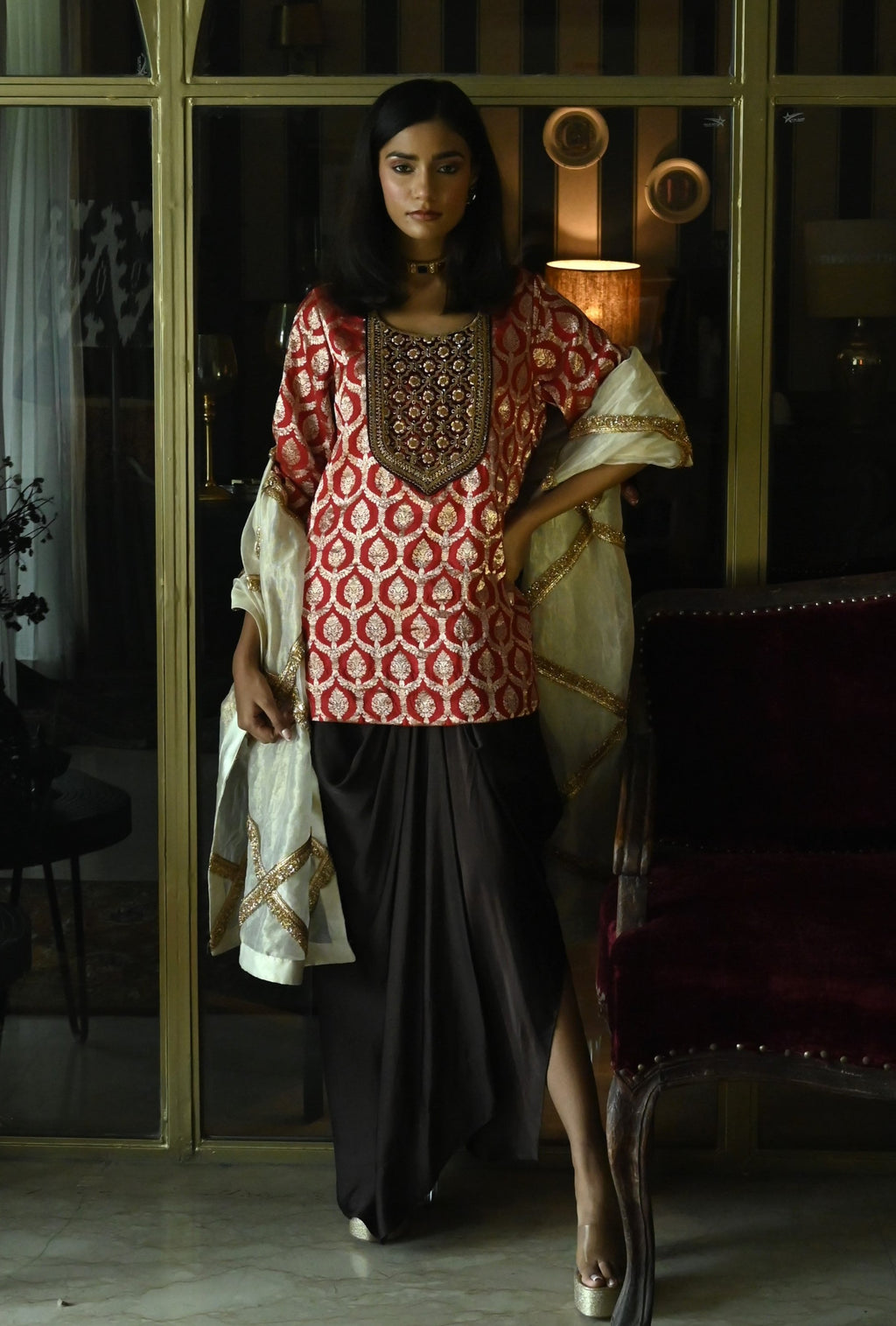 Shruti Kurta in Red paan Brocade with Brown Cowl Skirt