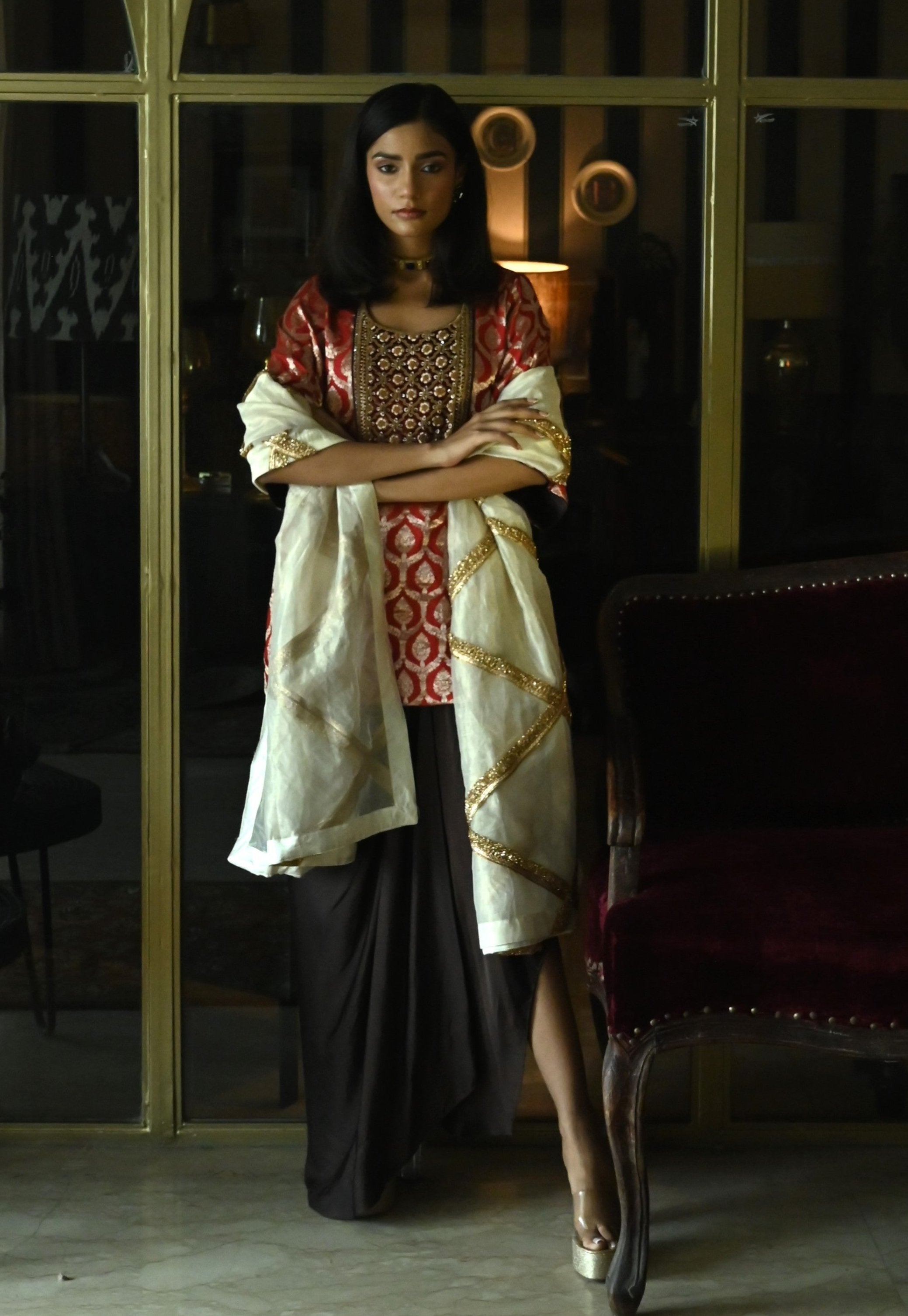 Shruti Kurta in Red paan Brocade with Brown Cowl Skirt