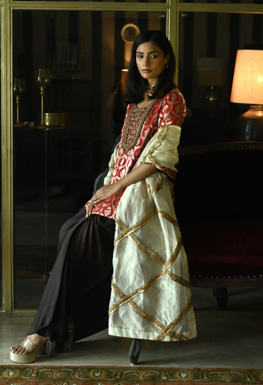 Mukesh Dupatta in Ivory Sati Stripes