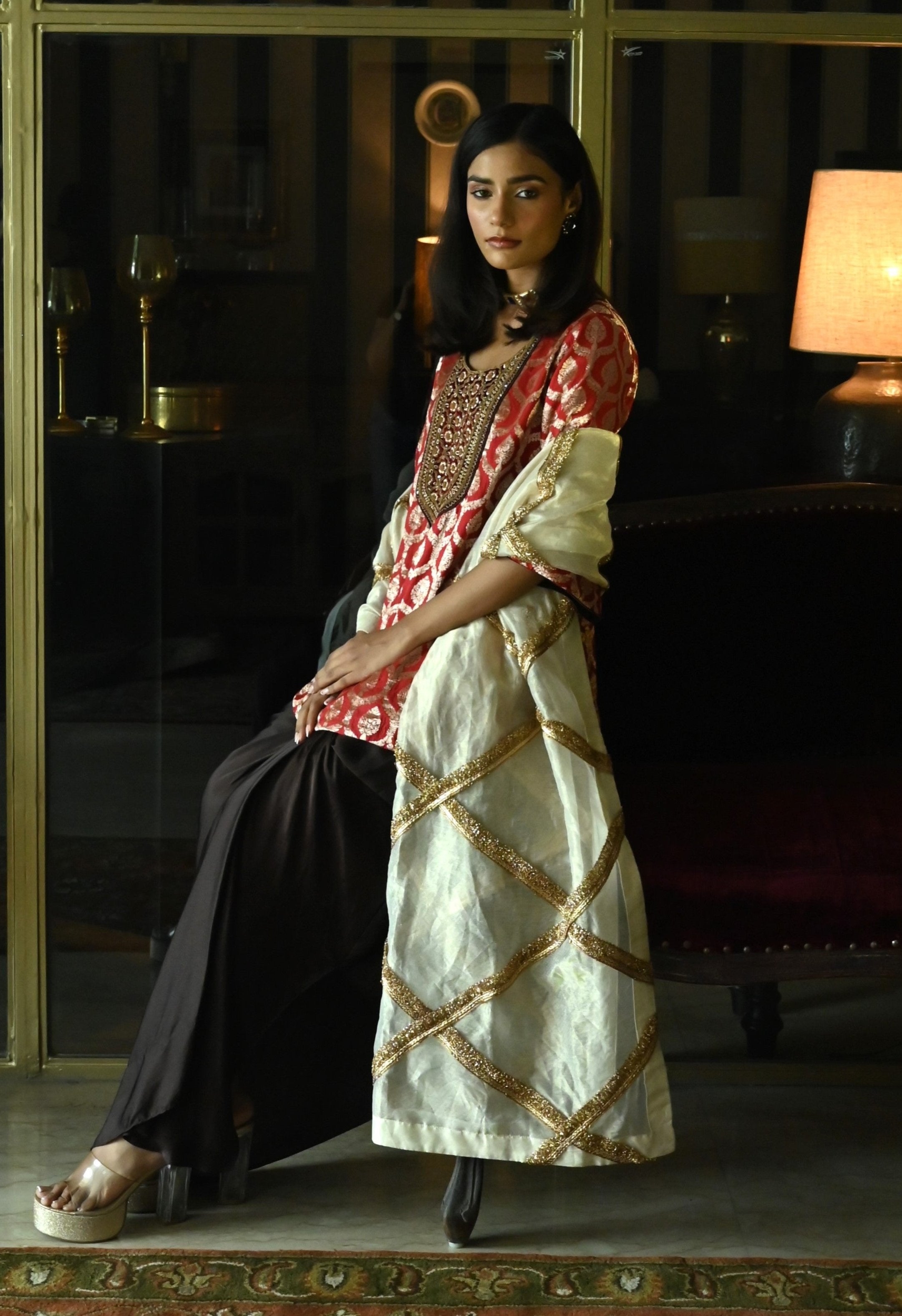 Mukesh Dupatta in Ivory Sati Stripes