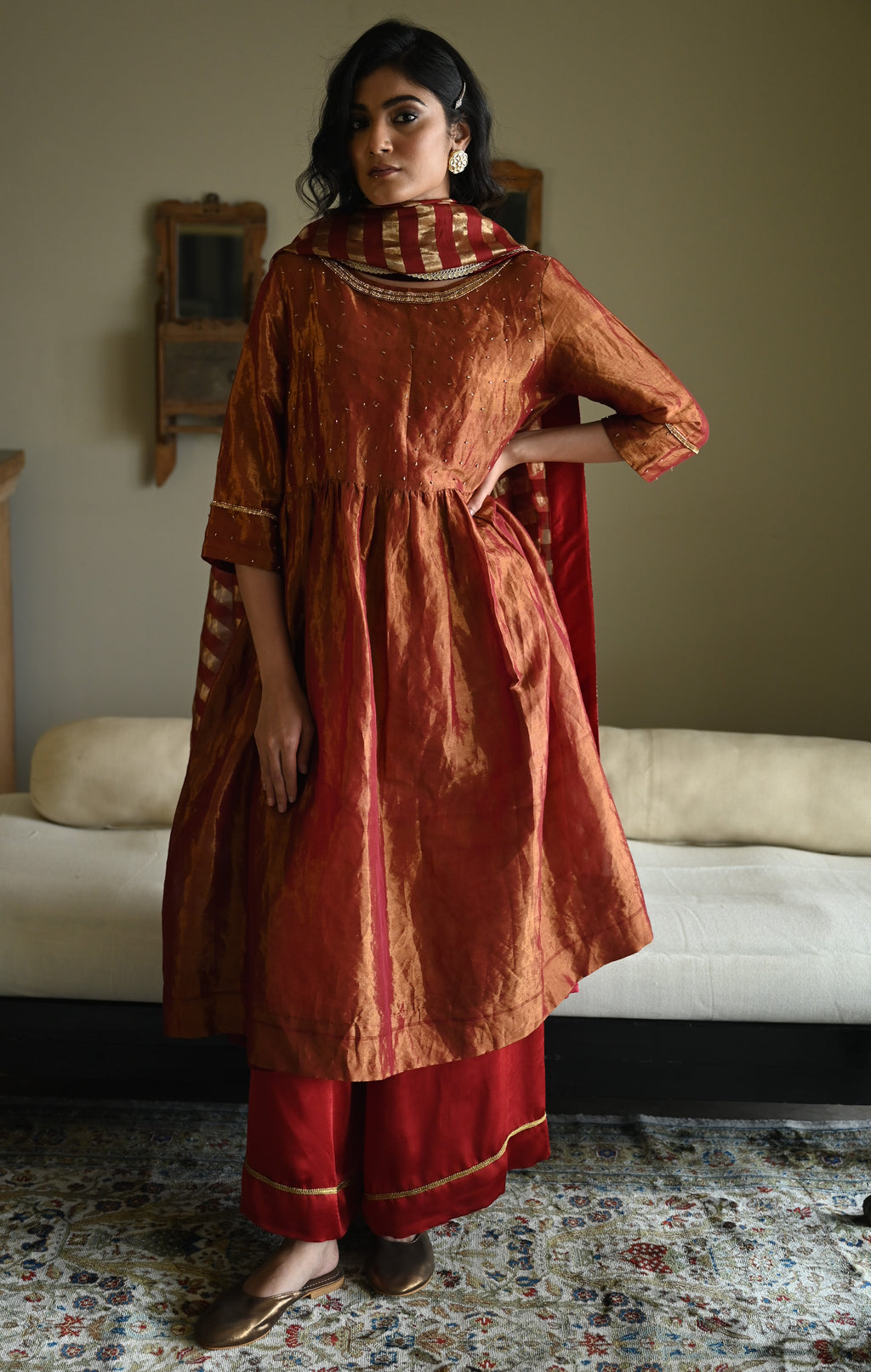 Anna Dress in Red Tissue with Red Flared Pant