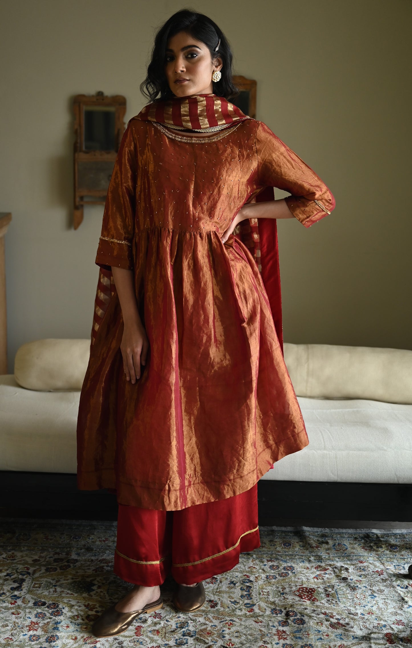 Anna Dress in Red Tissue with Red Flared Pant