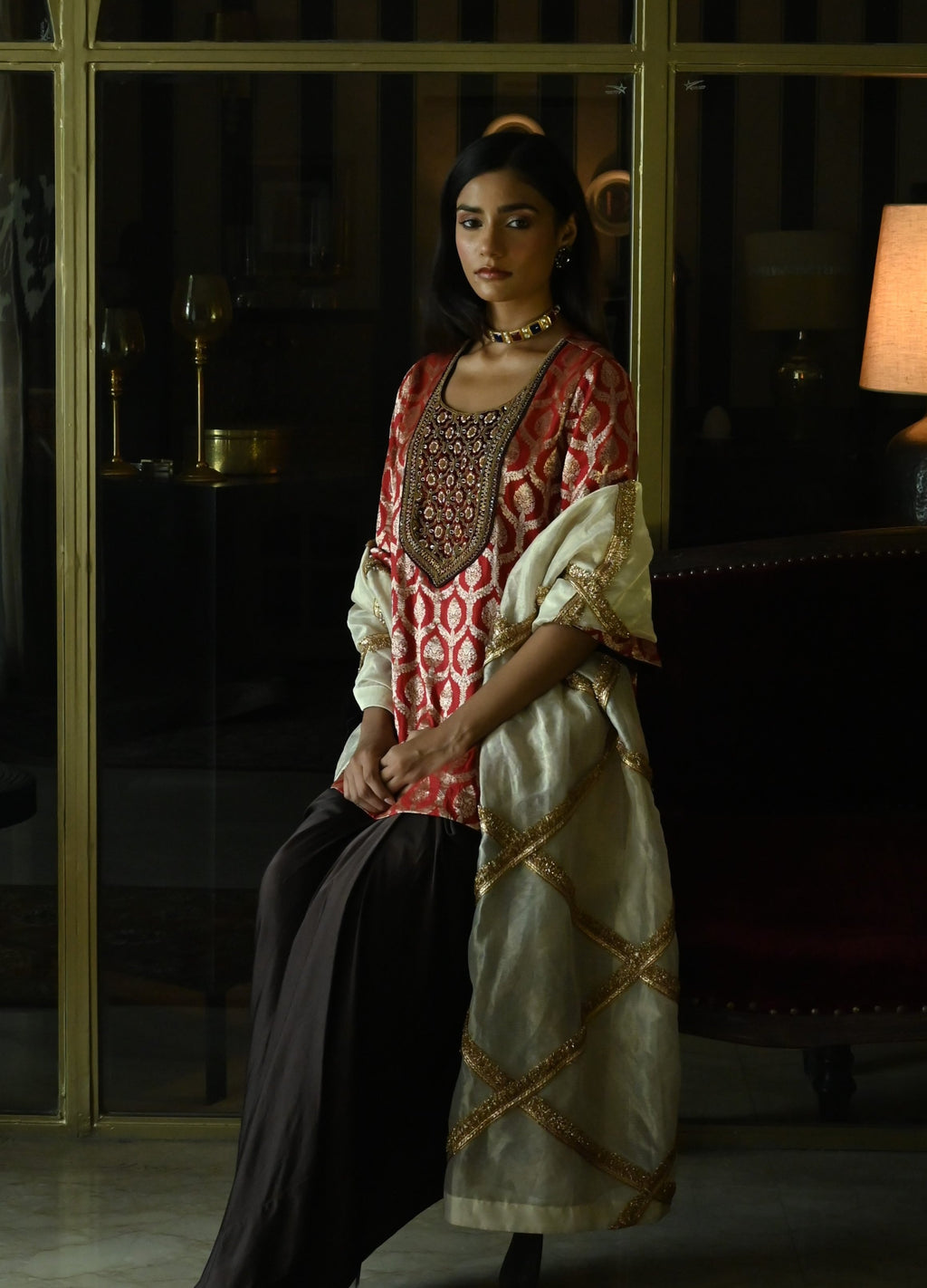 Shruti Kurta in Red paan Brocade with Brown Cowl Skirt