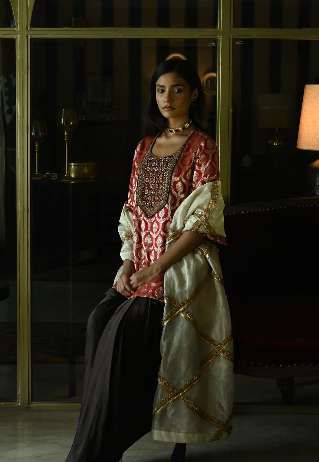 Mukesh Dupatta in Ivory Sati Stripes