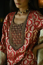 Shruti Kurta in Red paan Brocade with Brown Cowl Skirt