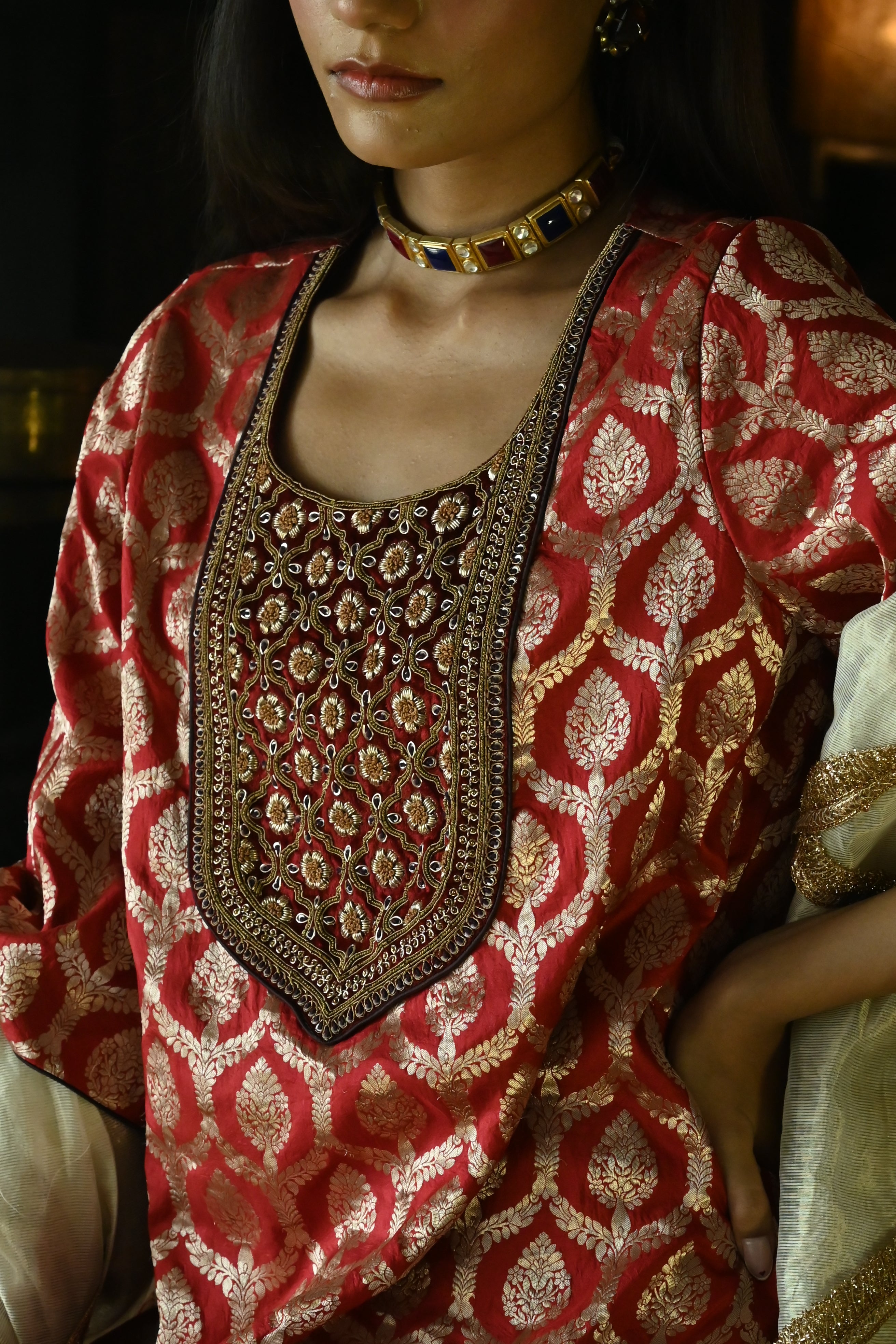 Shruti Kurta in Red paan Brocade with Brown Cowl Skirt