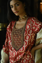 Shruti Kurta in Red paan Brocade with Brown Cowl Skirt