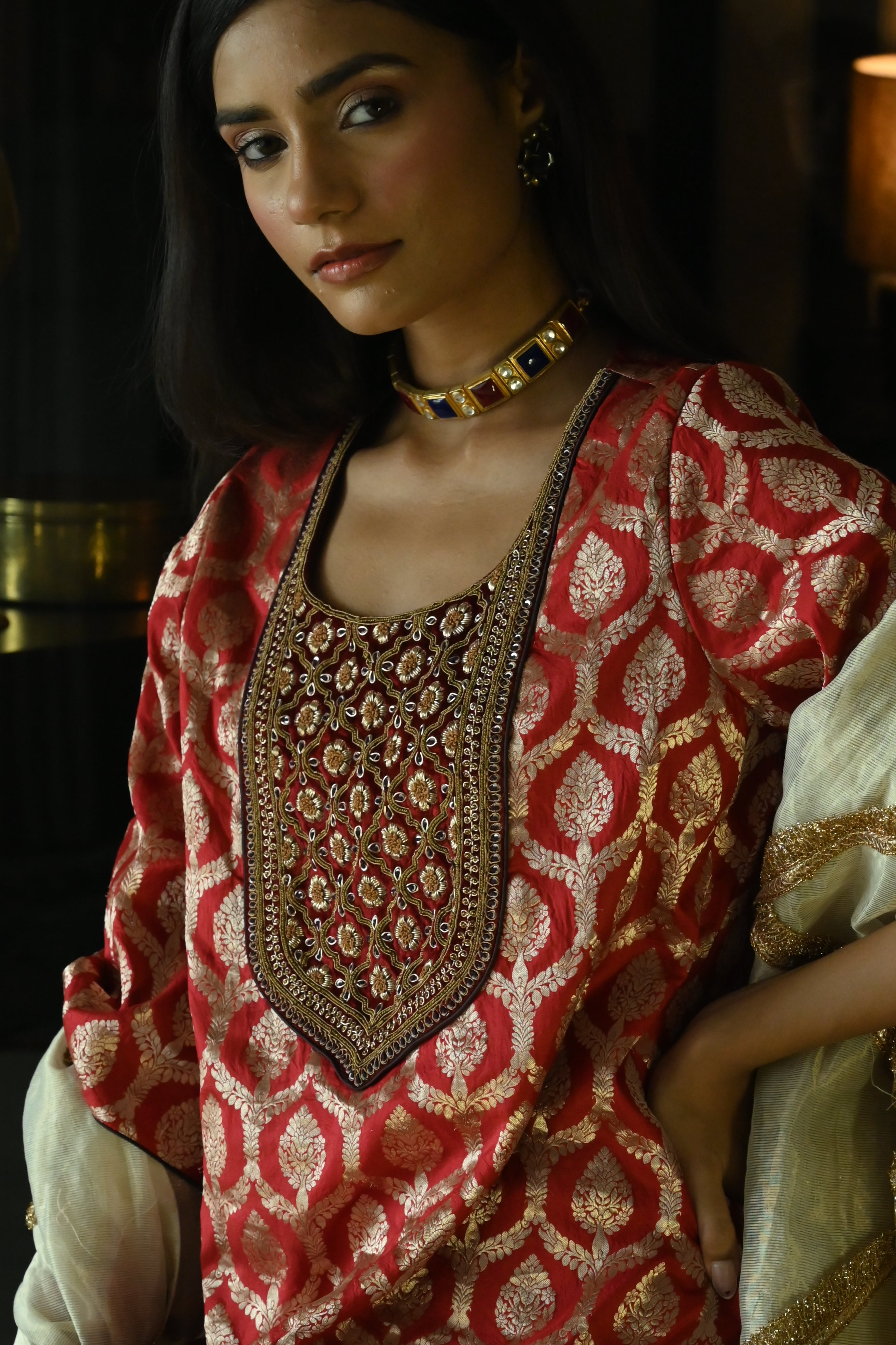 Shruti Kurta in Red paan Brocade with Brown Cowl Skirt