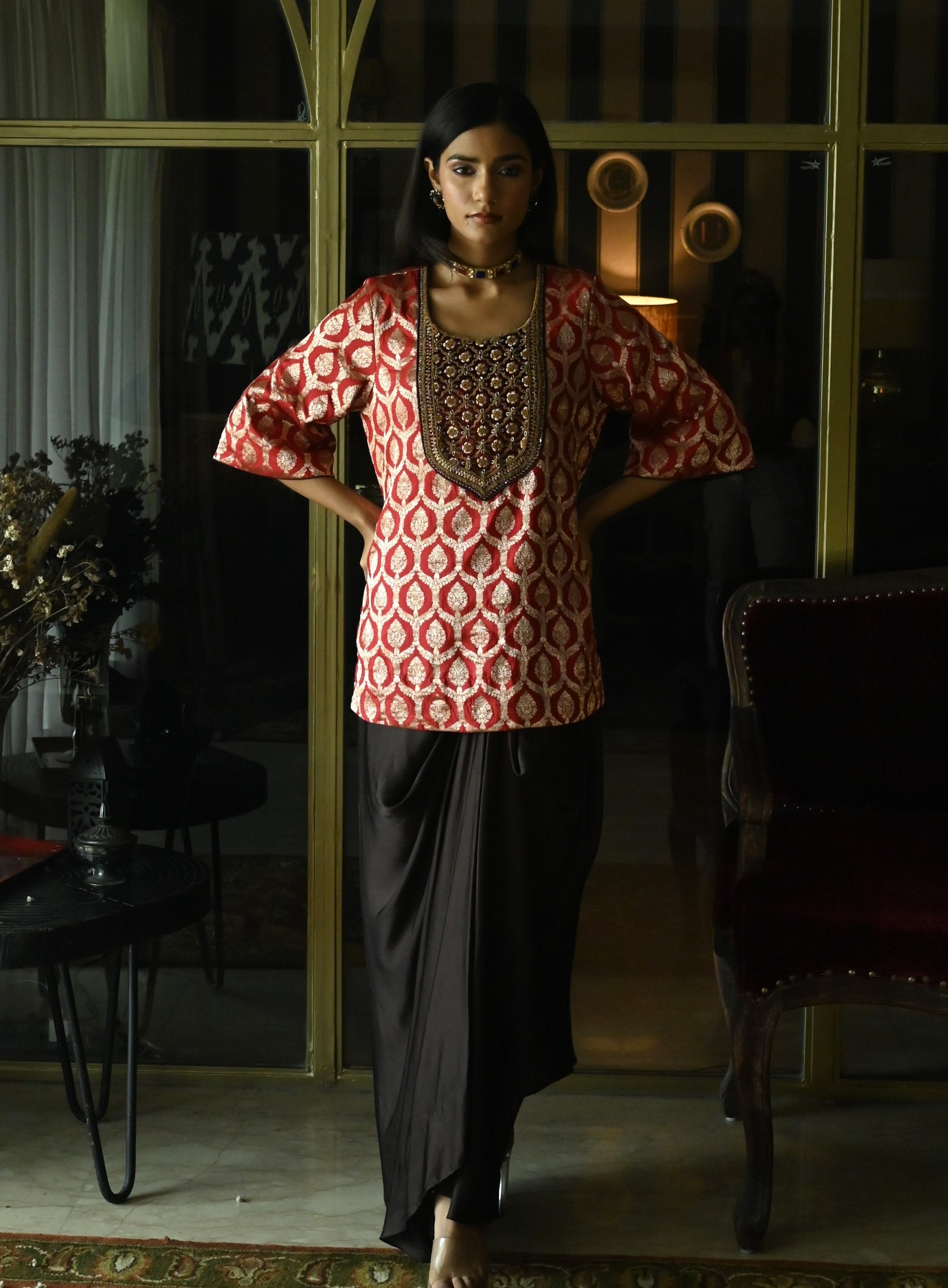 Shruti Kurta in Red paan Brocade with Brown Cowl Skirt