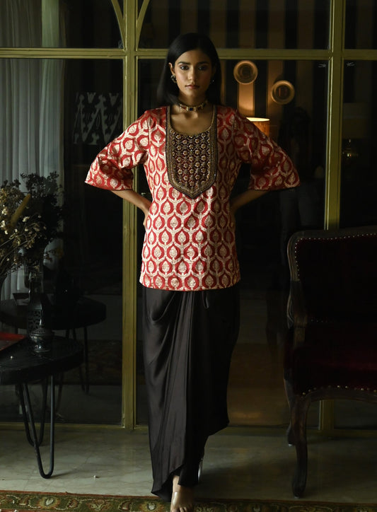Shruti Kurta in Red paan Brocade with Brown Cowl Skirt