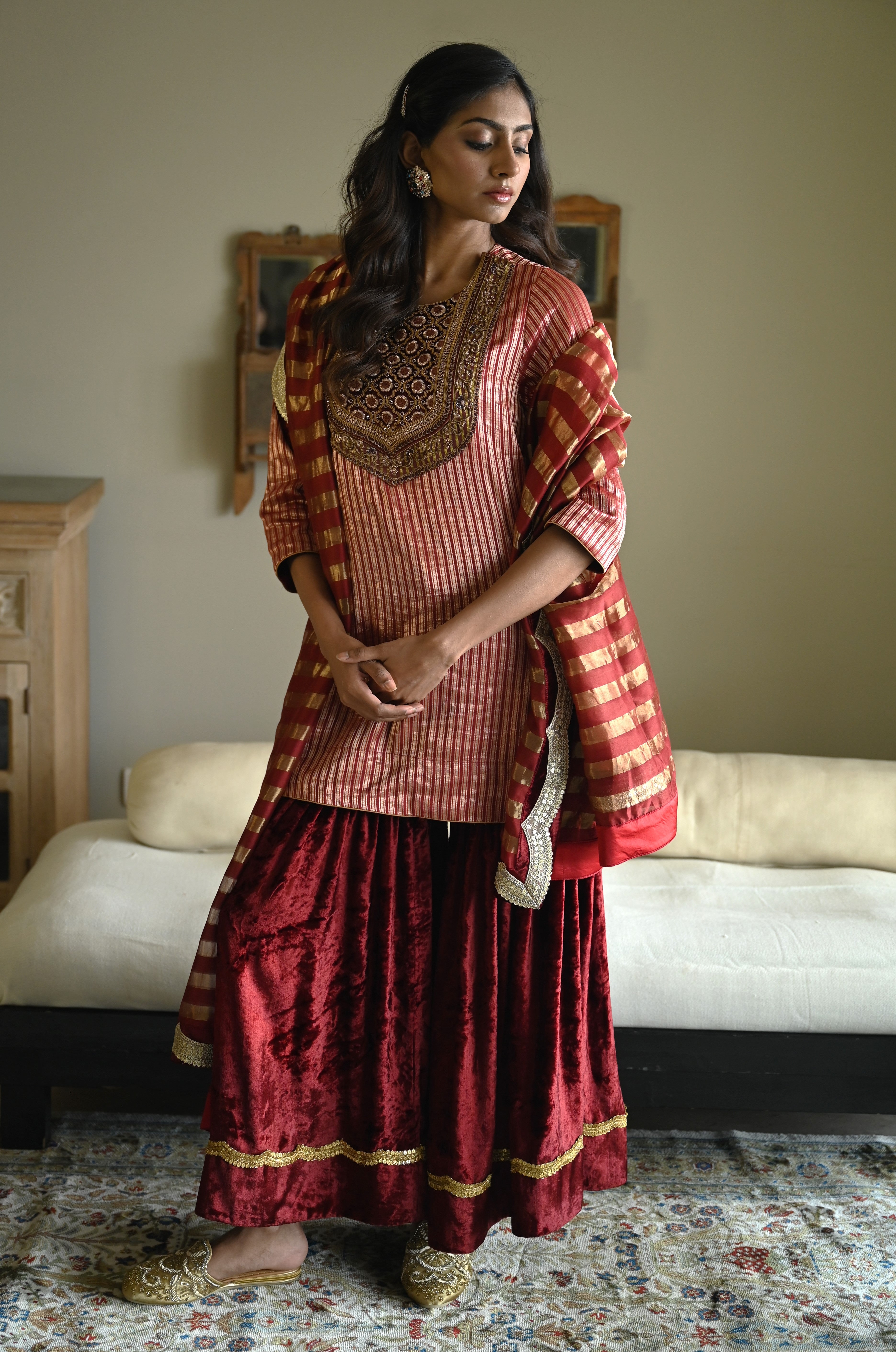 Irum Kurta in Red Meena stripes Brocade with Red Velvet Sharara