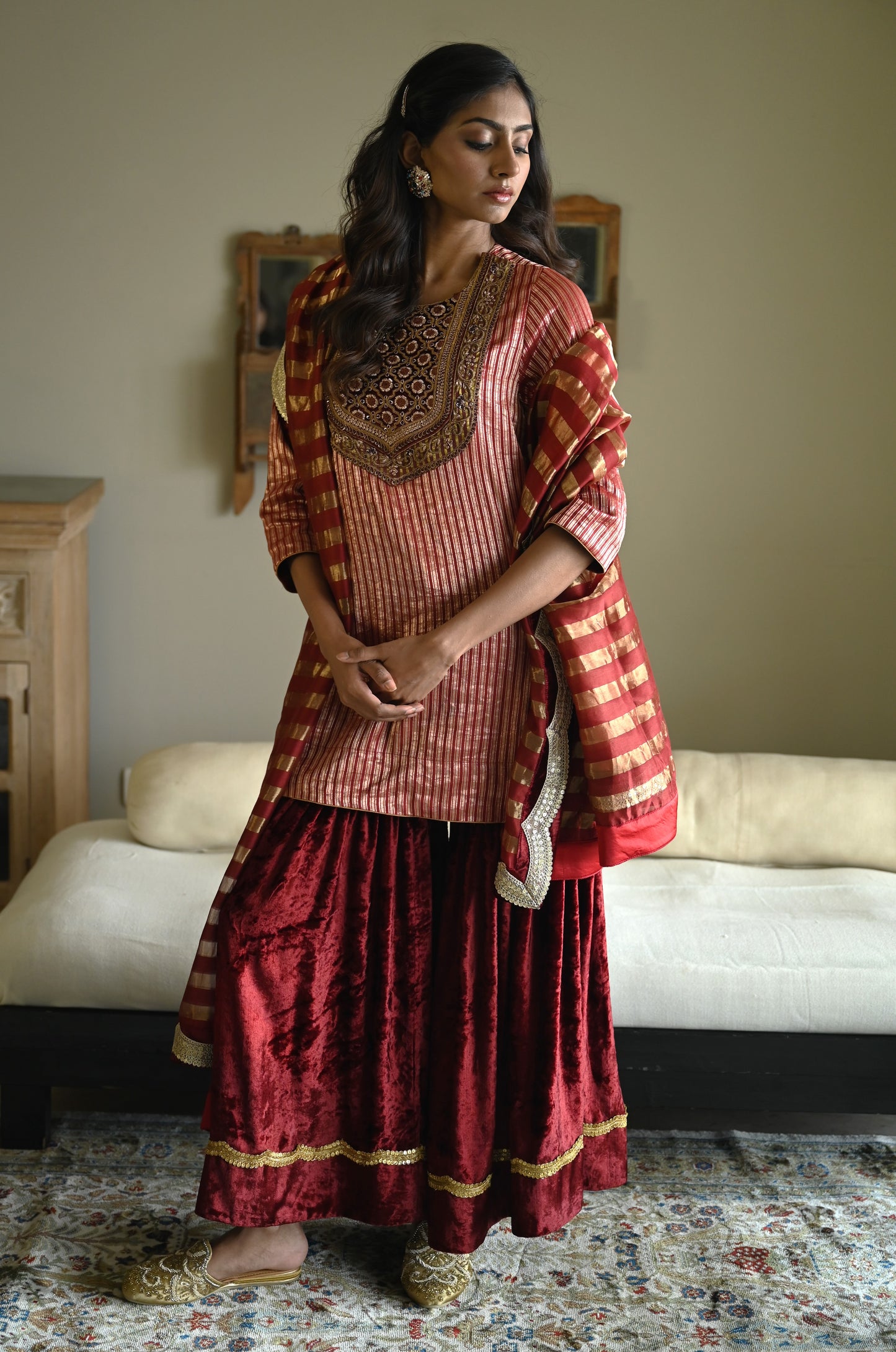 Irum Kurta in Red Meena stripes Brocade with Red Velvet Sharara