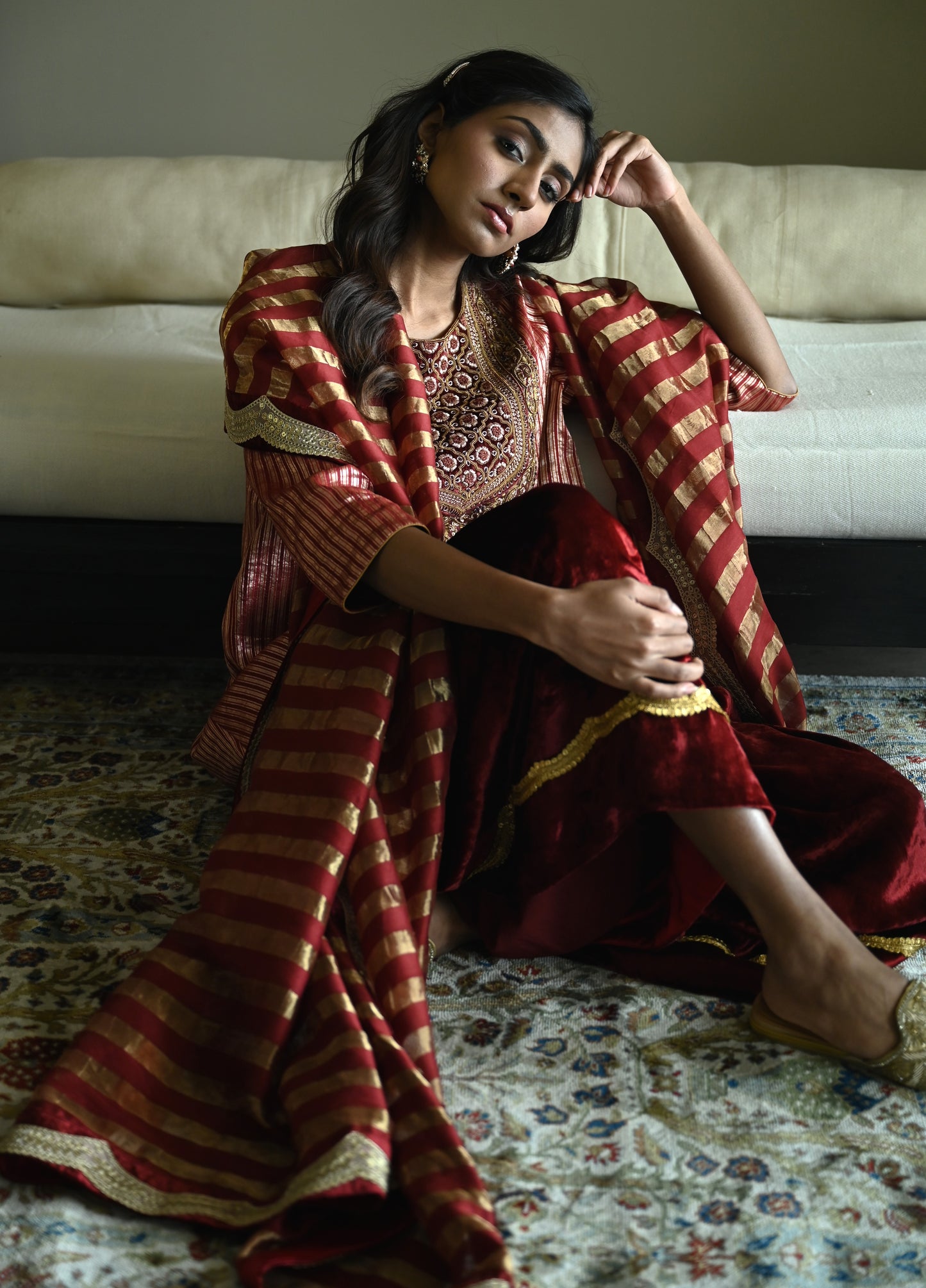 Irum Kurta in Red Meena stripes Brocade with Red Velvet Sharara