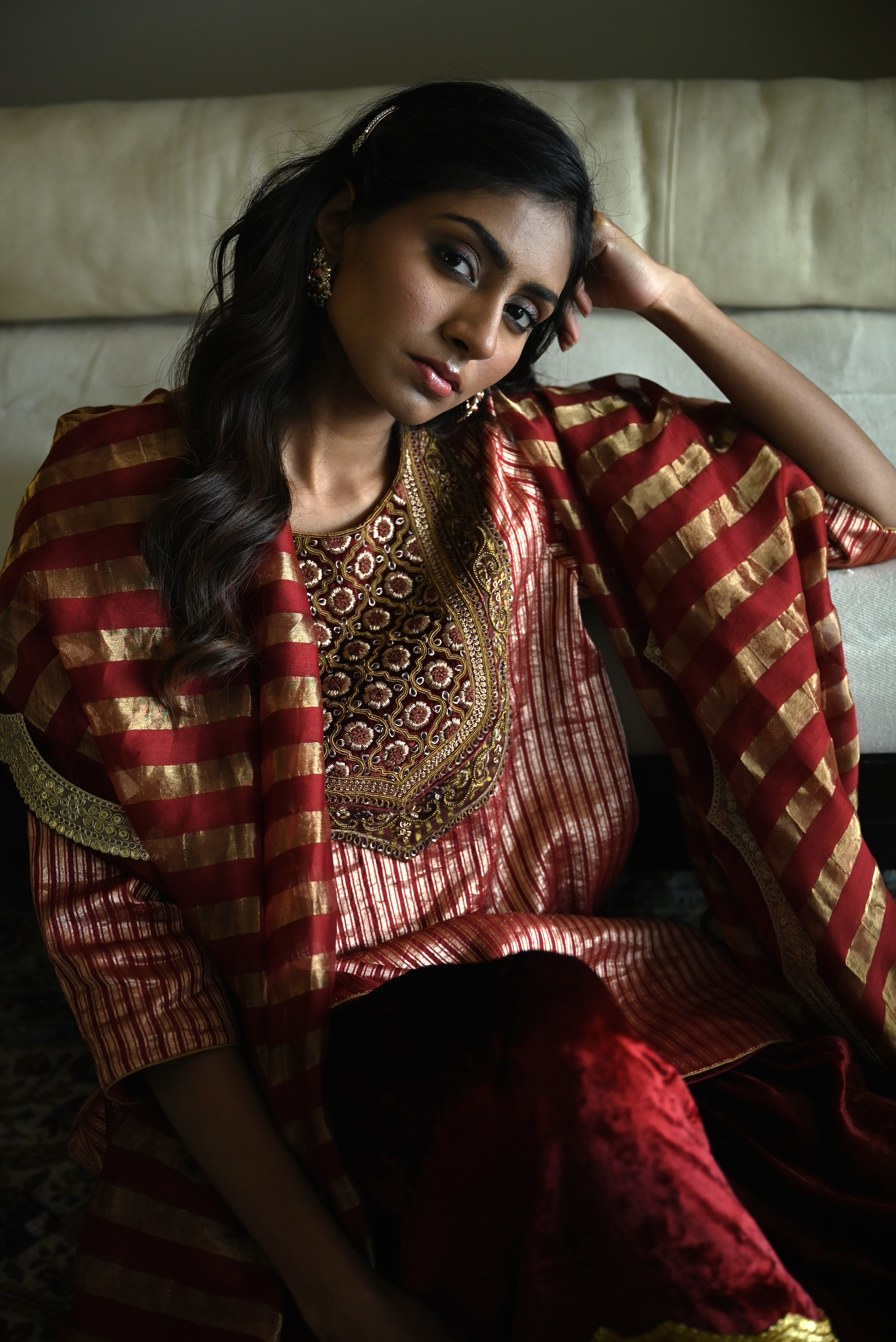 Irum Kurta in Red Meena stripes Brocade with Red Velvet Sharara