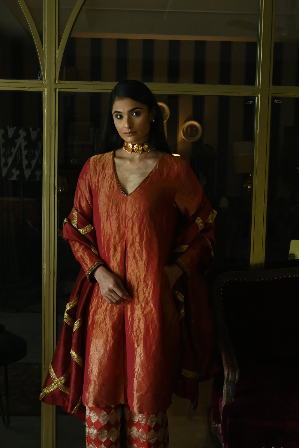 Zeenat Kurta in Rust Red Tissue with Red Brocade Pallazzo