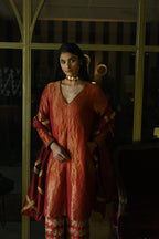 Zeenat Kurta in Rust Red Tissue with Red Brocade Pallazzo