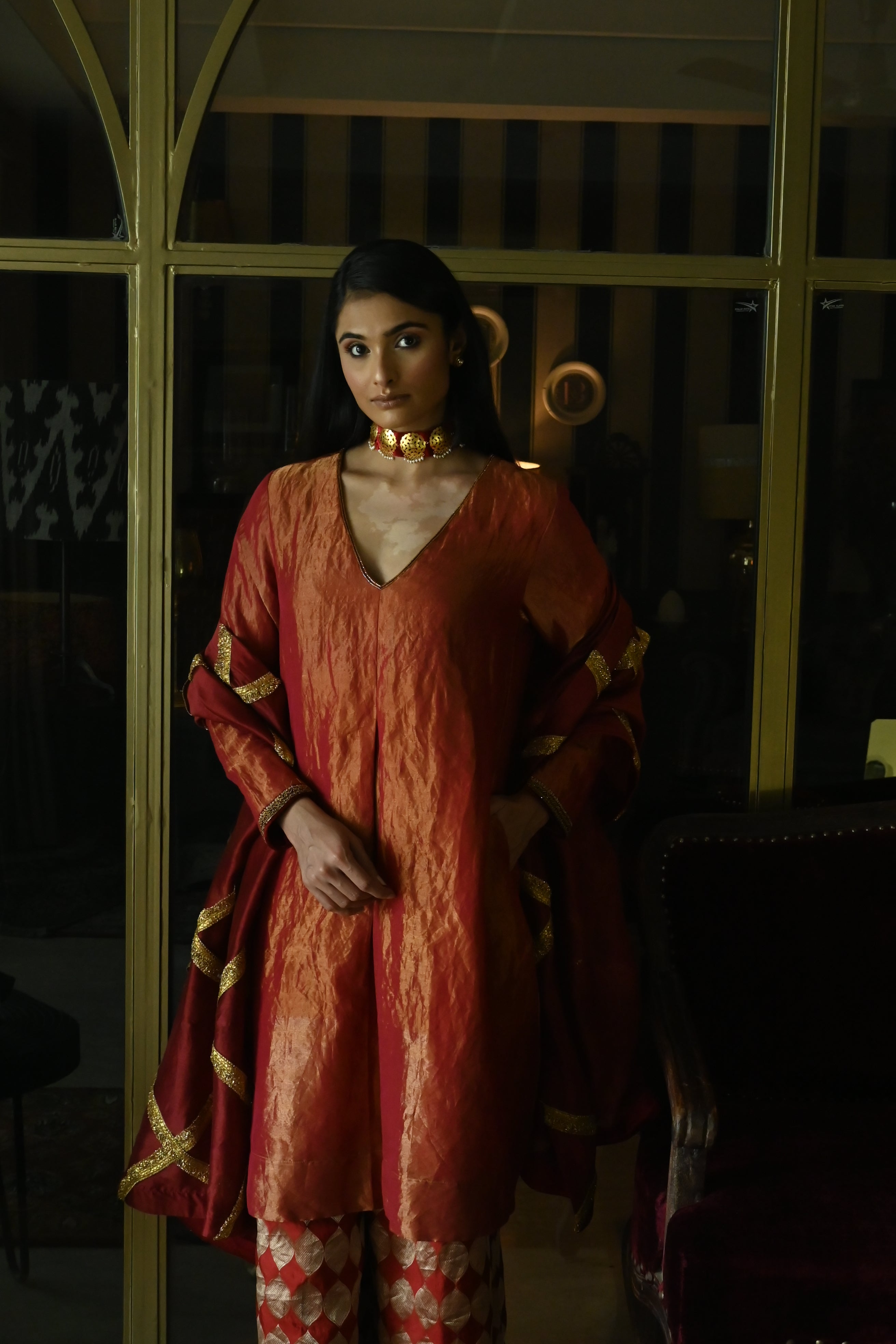 Zeenat Kurta in Rust Red Tissue with Red Brocade Pallazzo