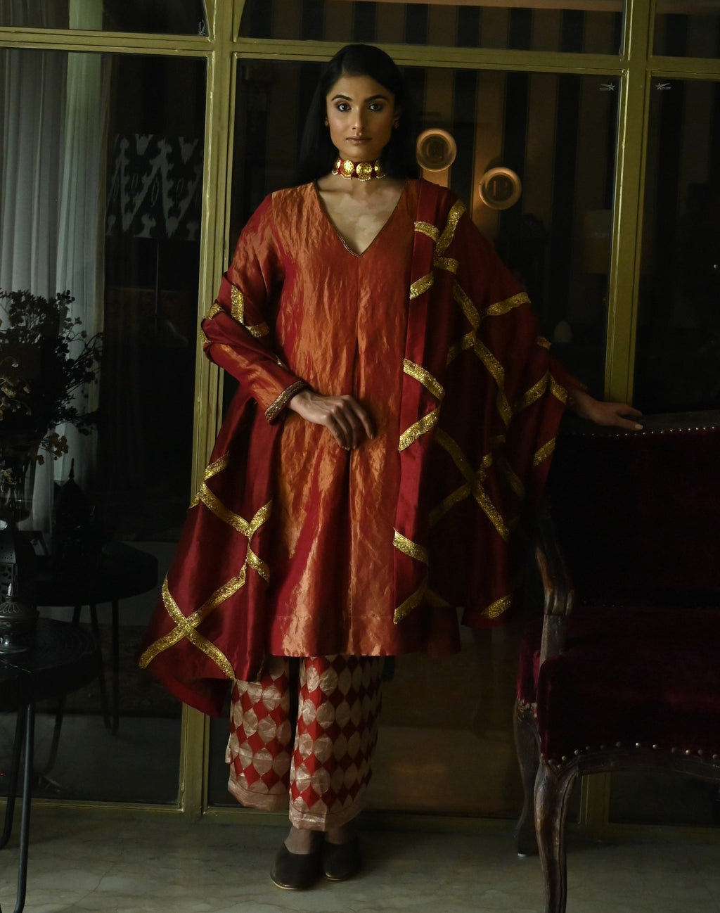 Mukesh Dupatta in Red Tissue