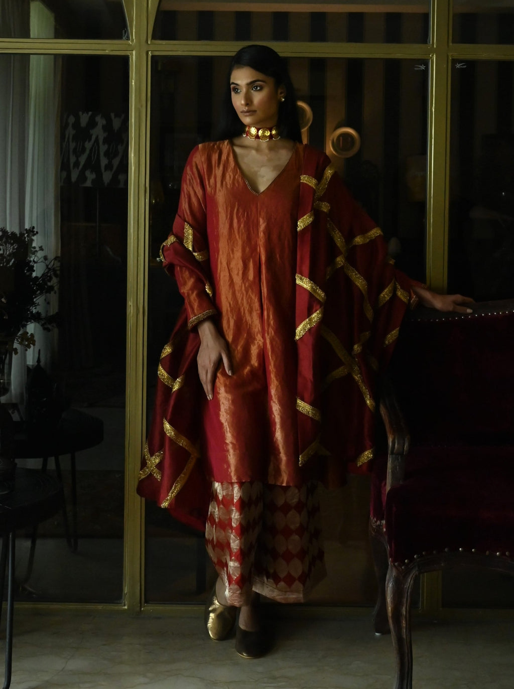 Zeenat Kurta in Rust Red Tissue with Red Brocade Pallazzo