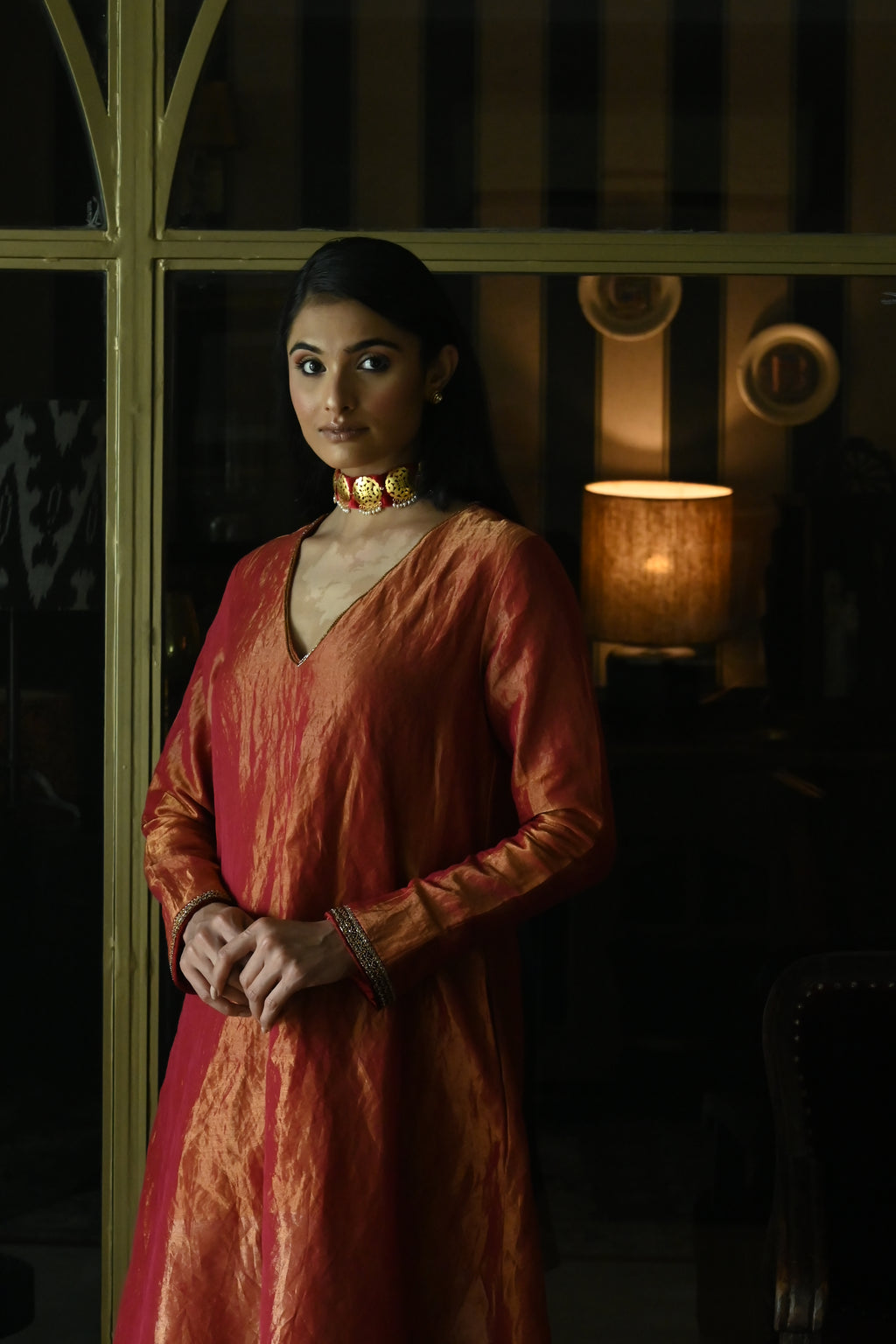 Zeenat Kurta in Rust Red Tissue with Red Brocade Pallazzo