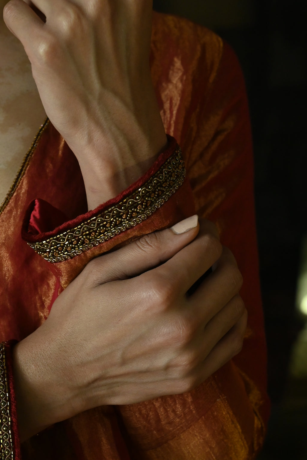 Zeenat Kurta in Rust Red Tissue with Red Brocade Pallazzo