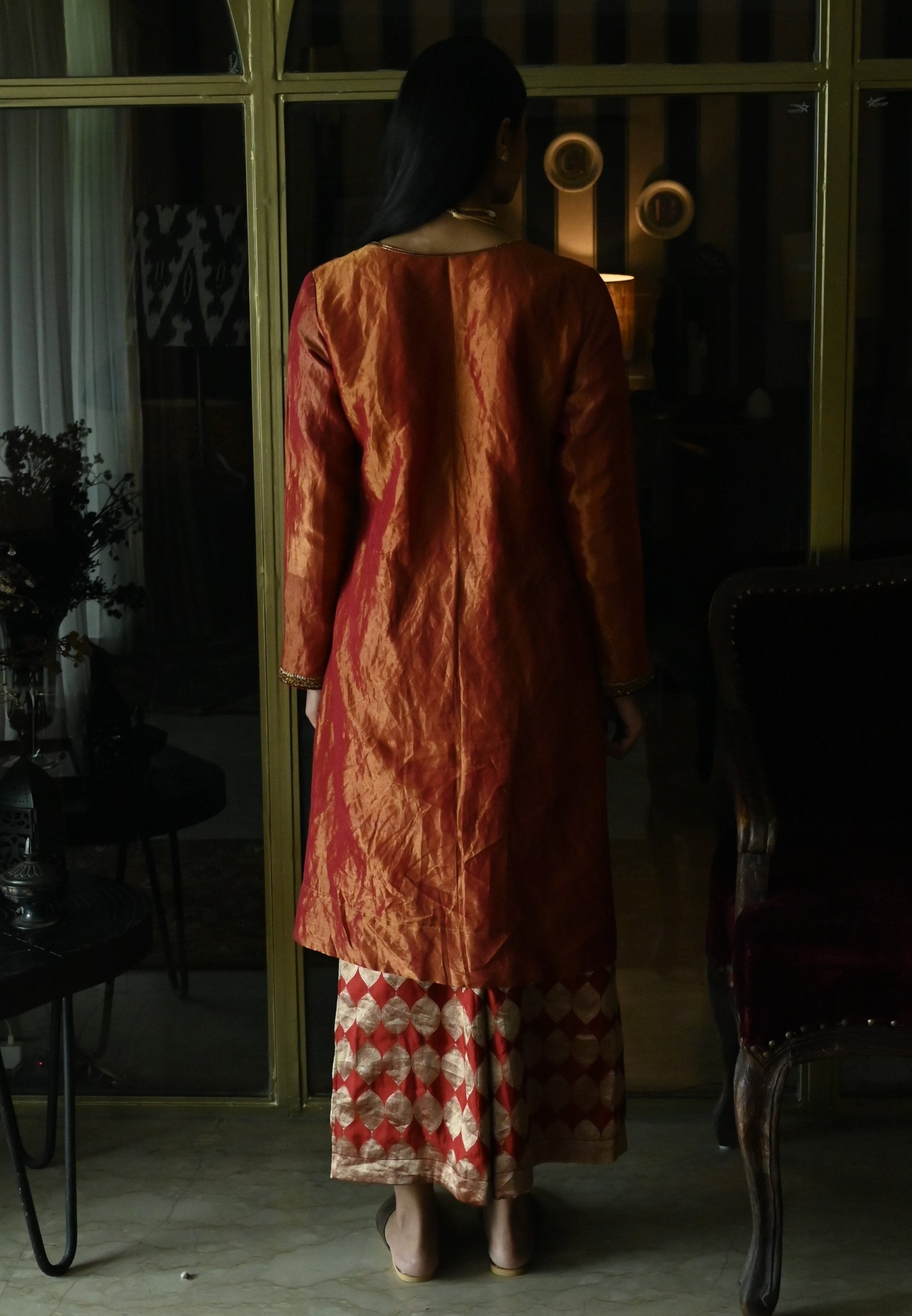Zeenat Kurta in Rust Red Tissue with Red Brocade Pallazzo