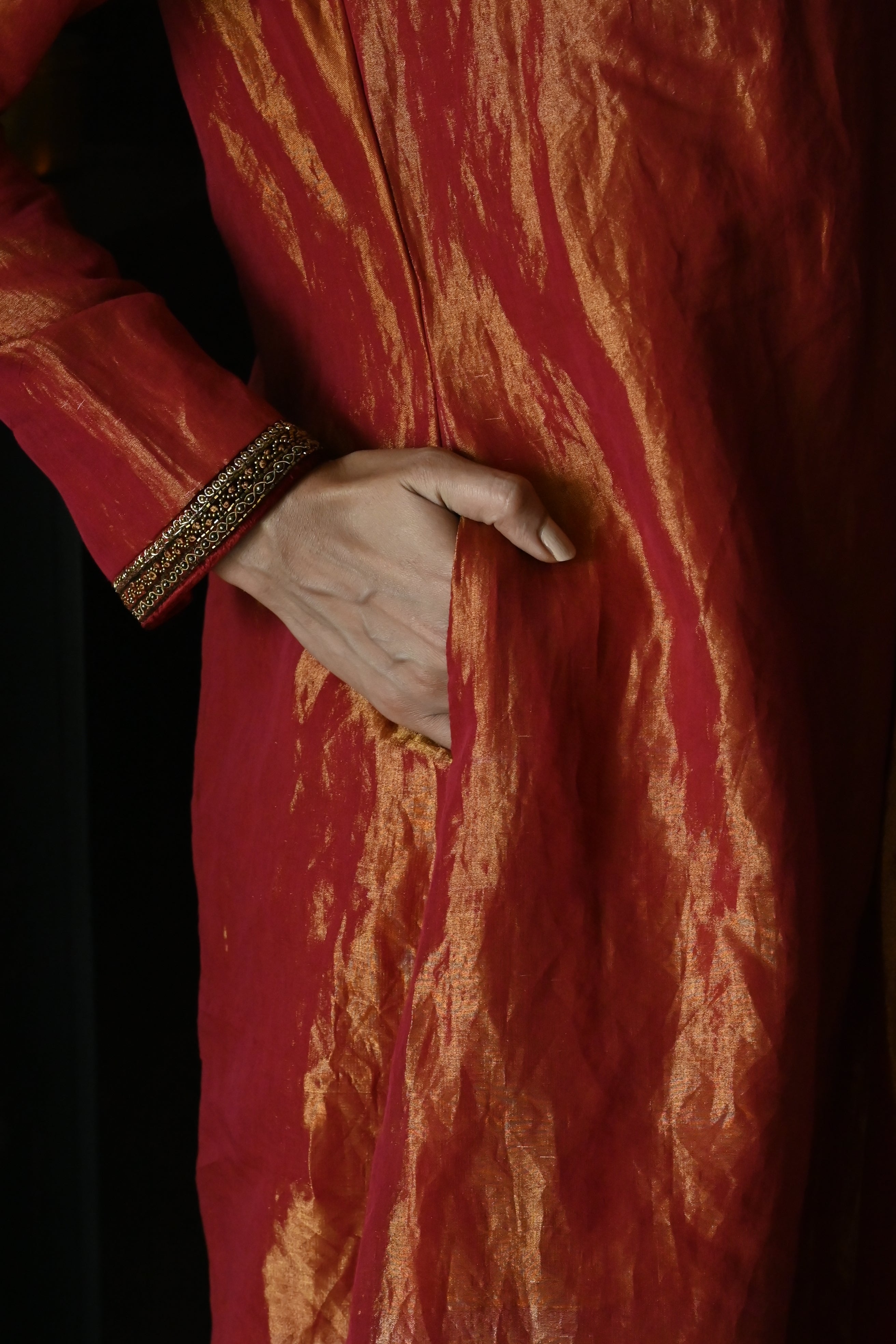 Zeenat Kurta in Rust Red Tissue with Red Brocade Pallazzo