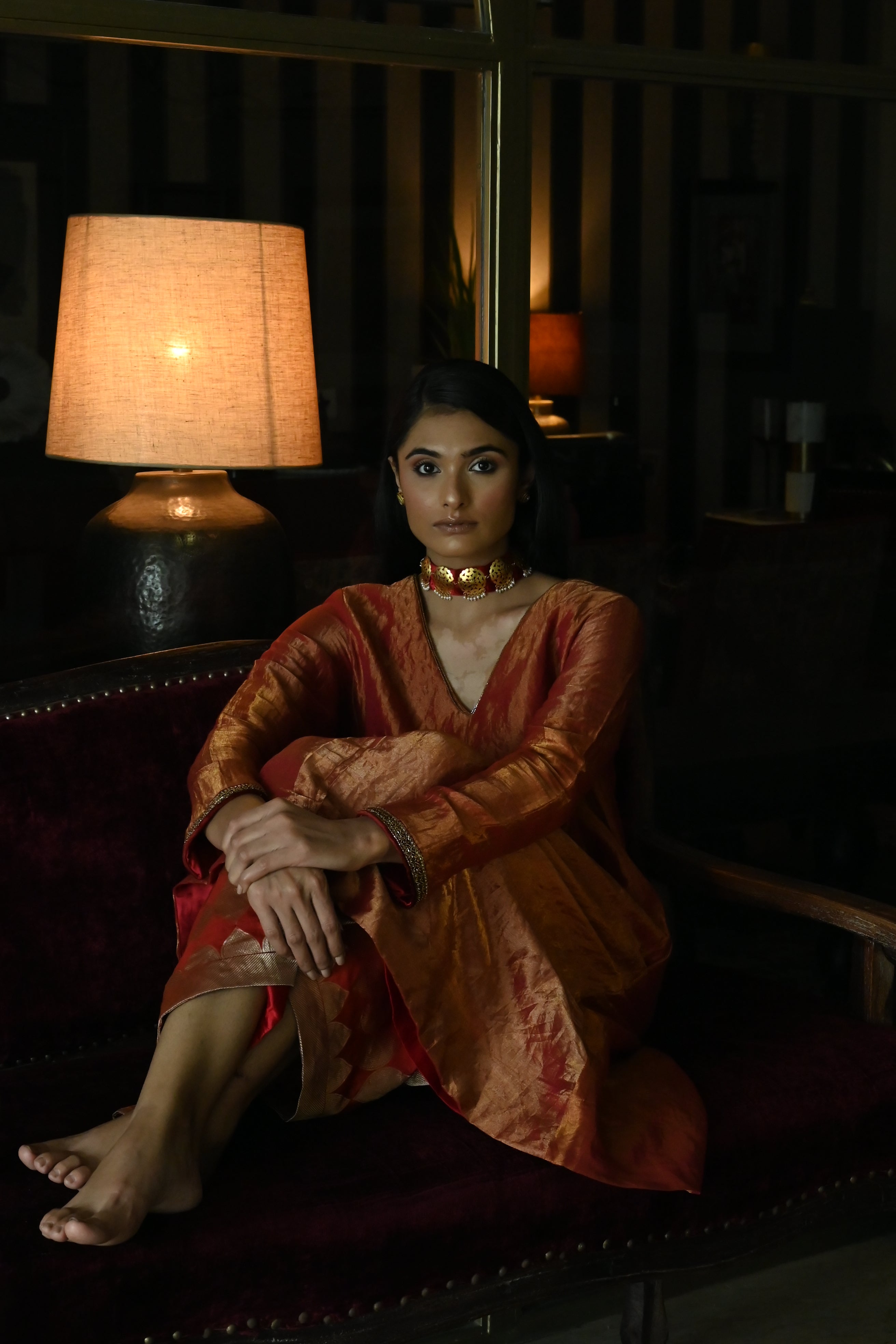 Zeenat Kurta in Rust Red Tissue with Red Brocade Pallazzo
