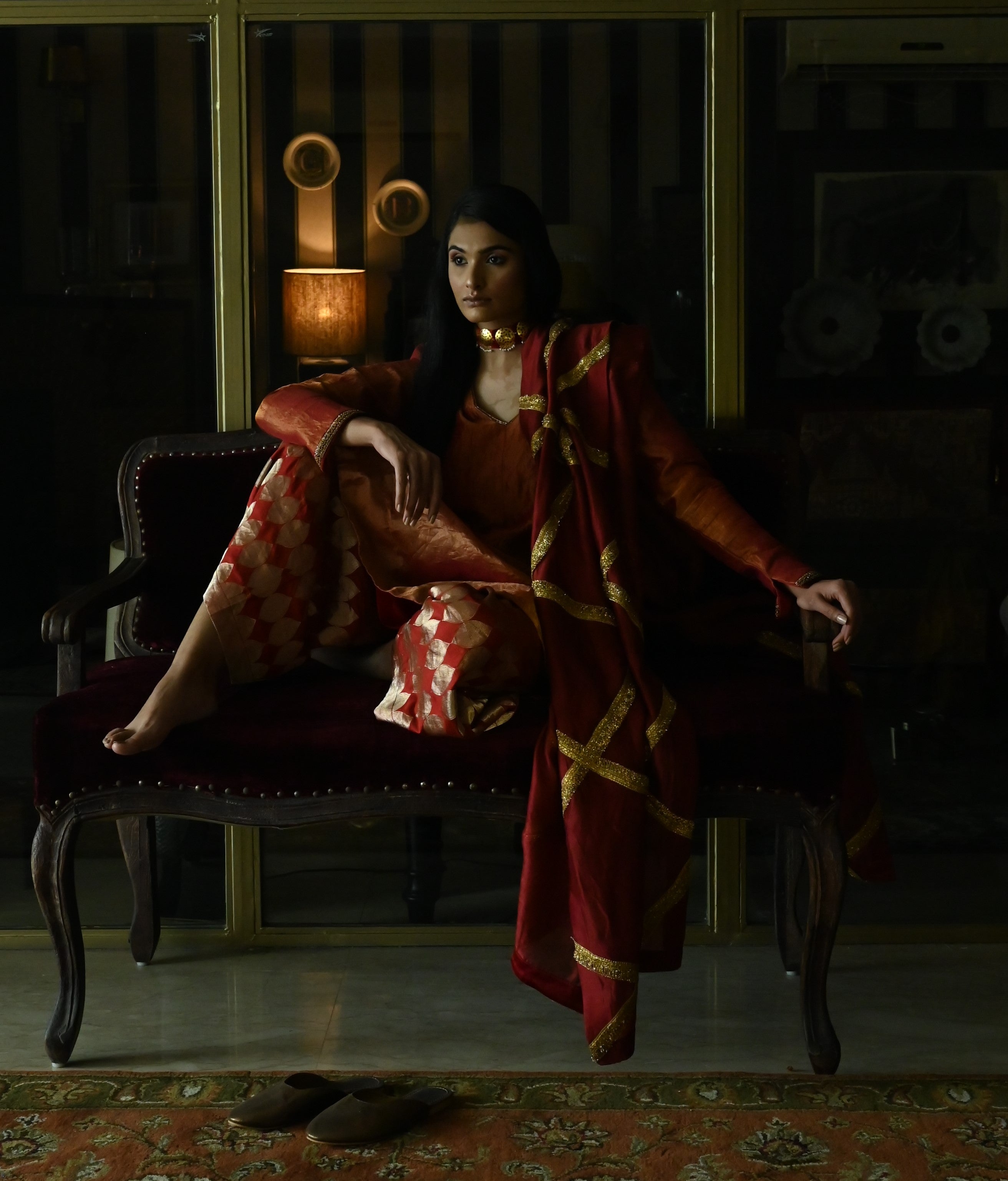 Zeenat Kurta in Rust Red Tissue with Red Brocade Pallazzo
