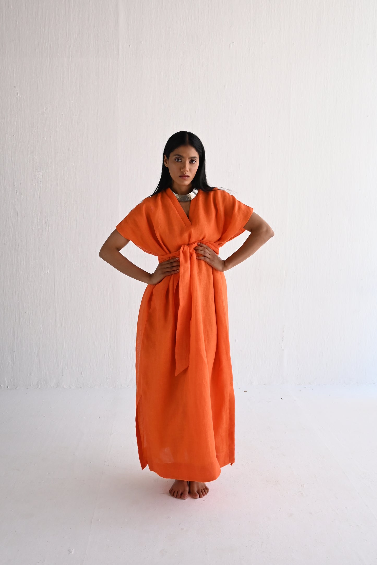 Amy Maxi in Orange Linen with Belt