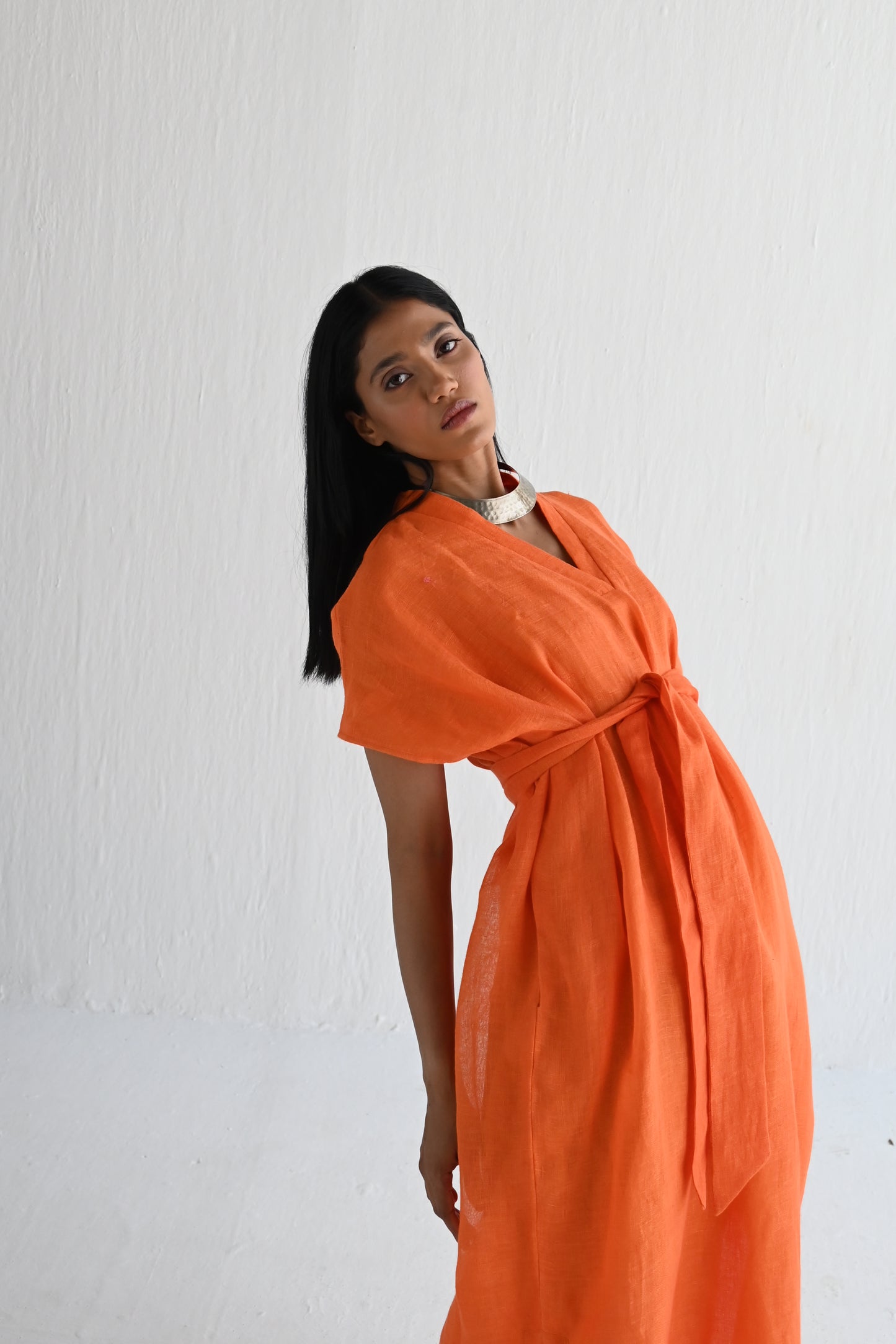 Amy Maxi in Orange Linen with Belt