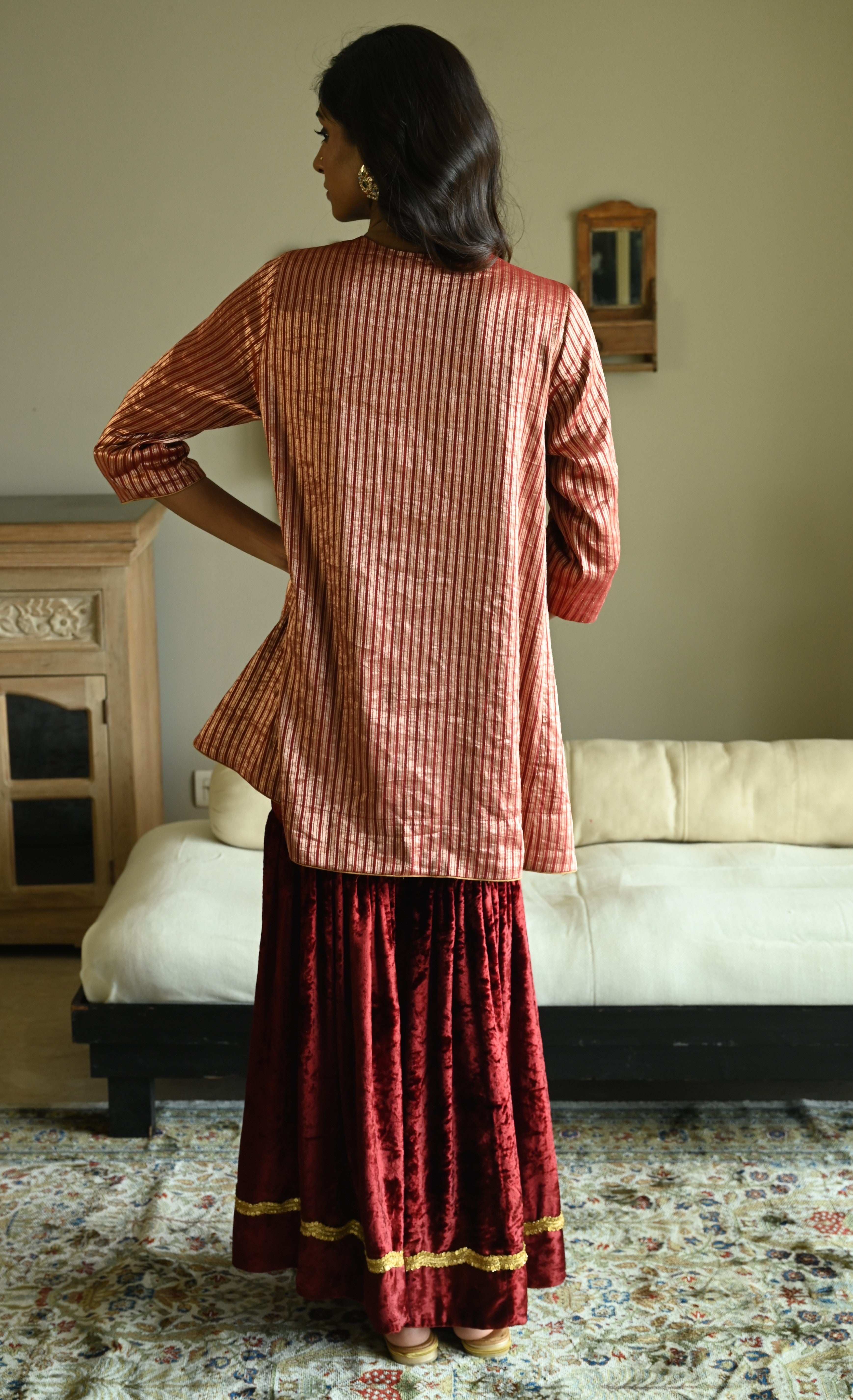 Irum Kurta in Red Meena stripes Brocade with Red Velvet Sharara