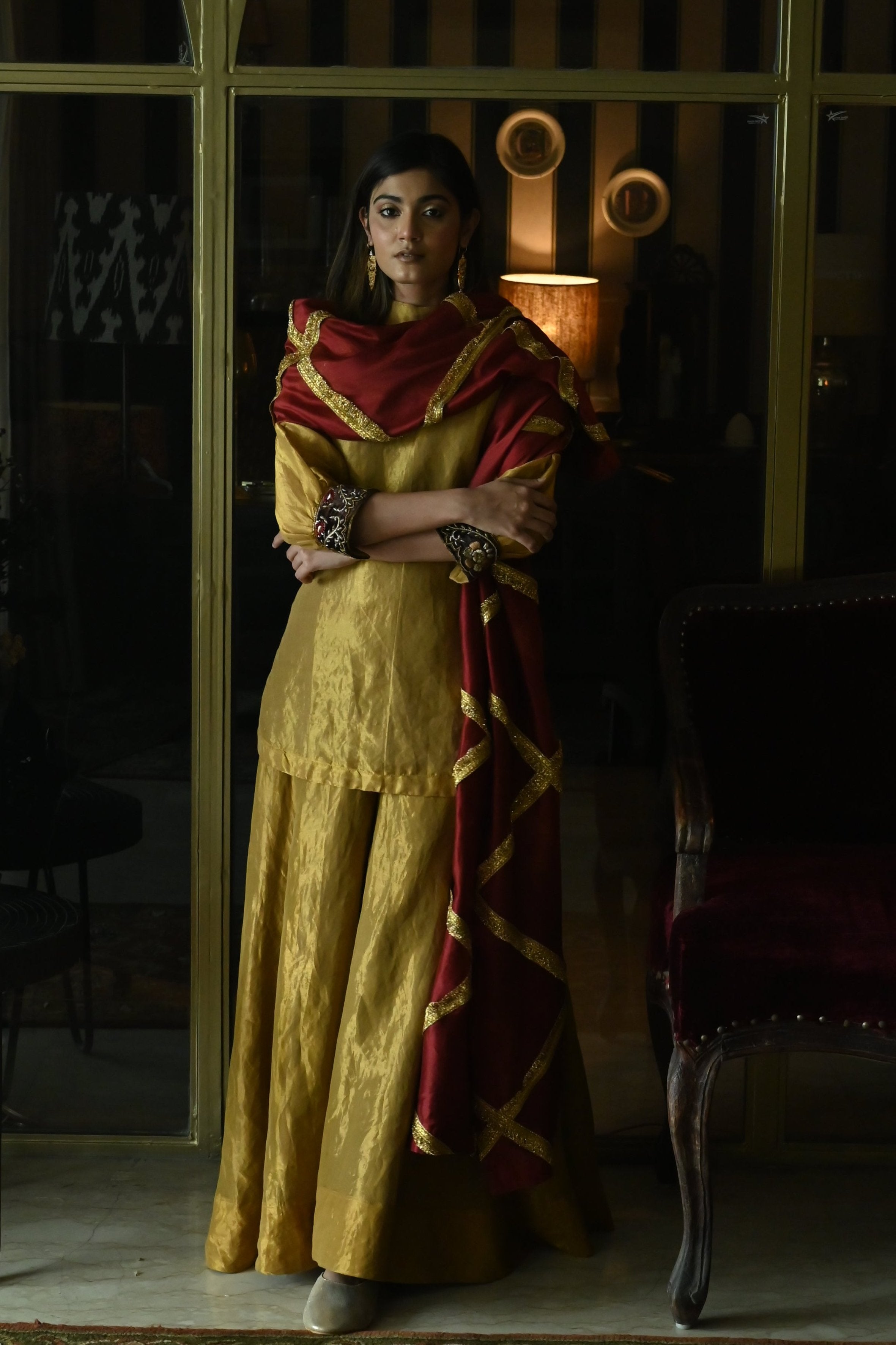 Mukesh Dupatta in Red Tissue