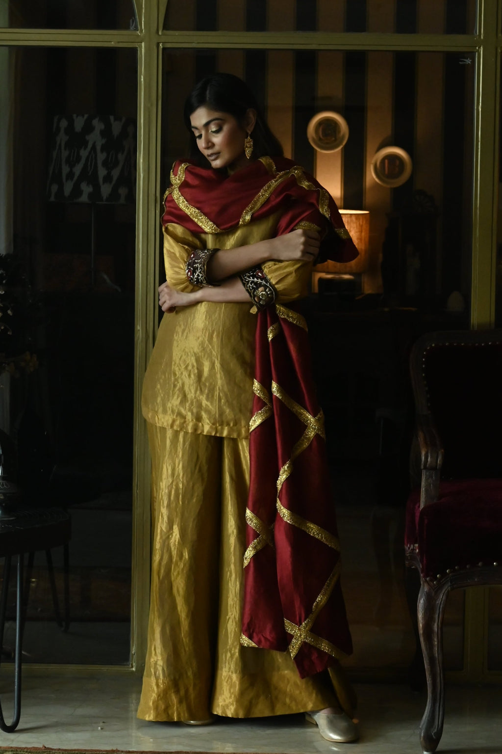 Mukesh Dupatta in Red Tissue