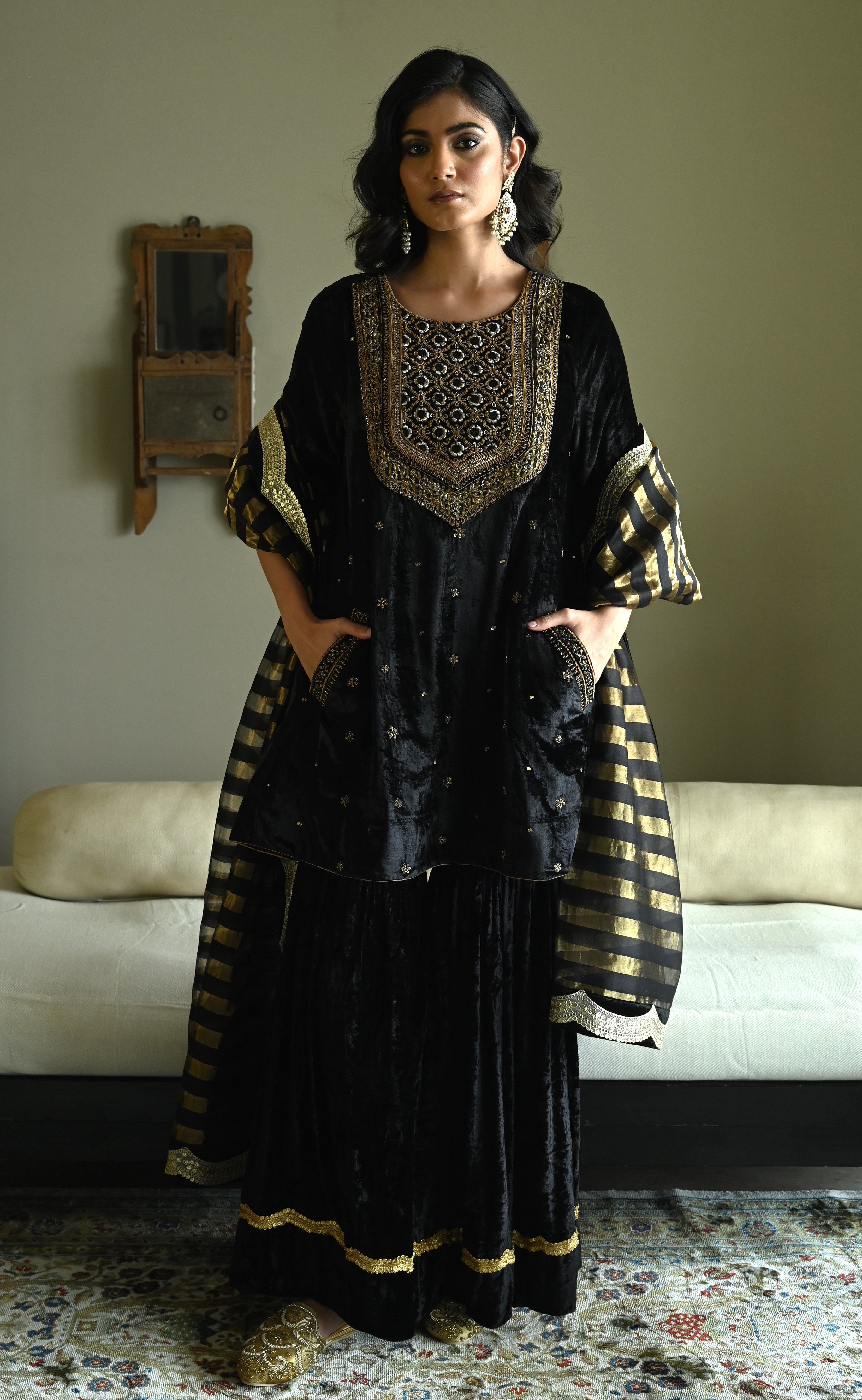 Sunehera Kurta in Black Velvet  with Black Velvet Sharara