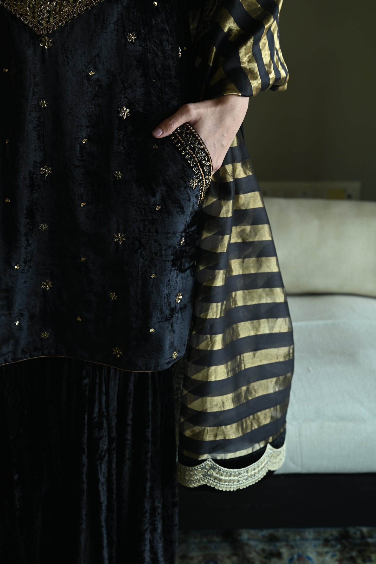 Sunehera Kurta in Black Velvet  with Black Velvet Sharara