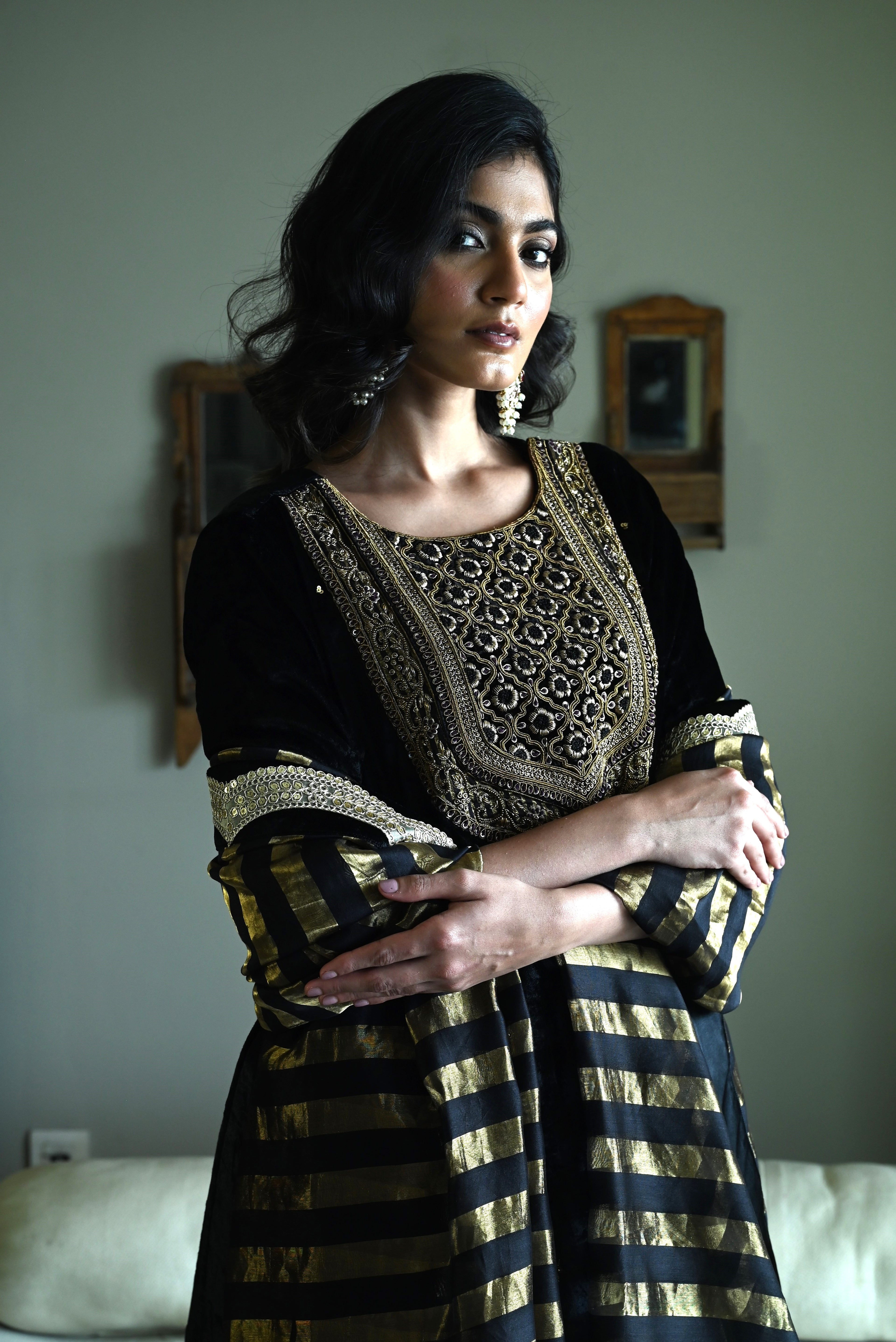 Sunehera Kurta in Black Velvet  with Black Velvet Sharara