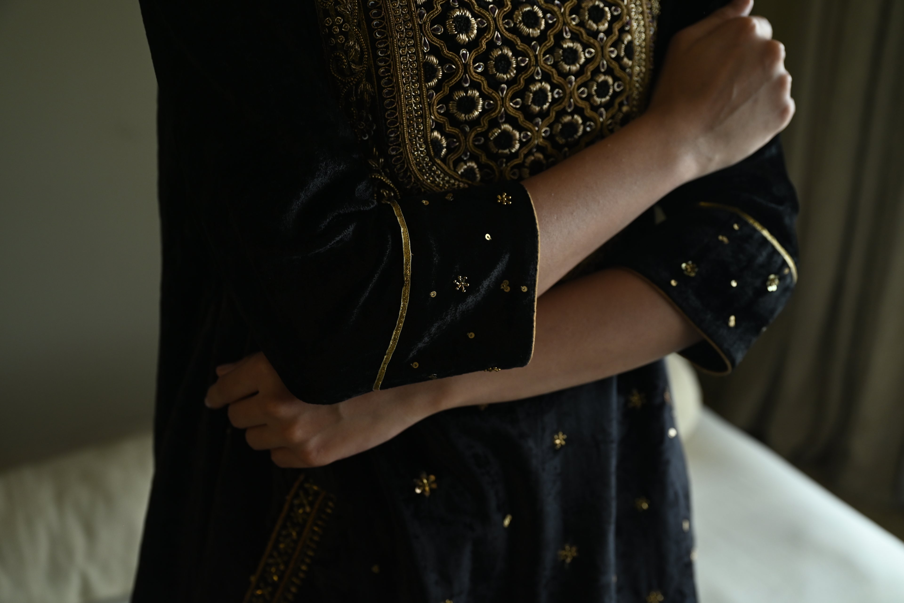 Sunehera Kurta in Black Velvet  with Black Velvet Sharara