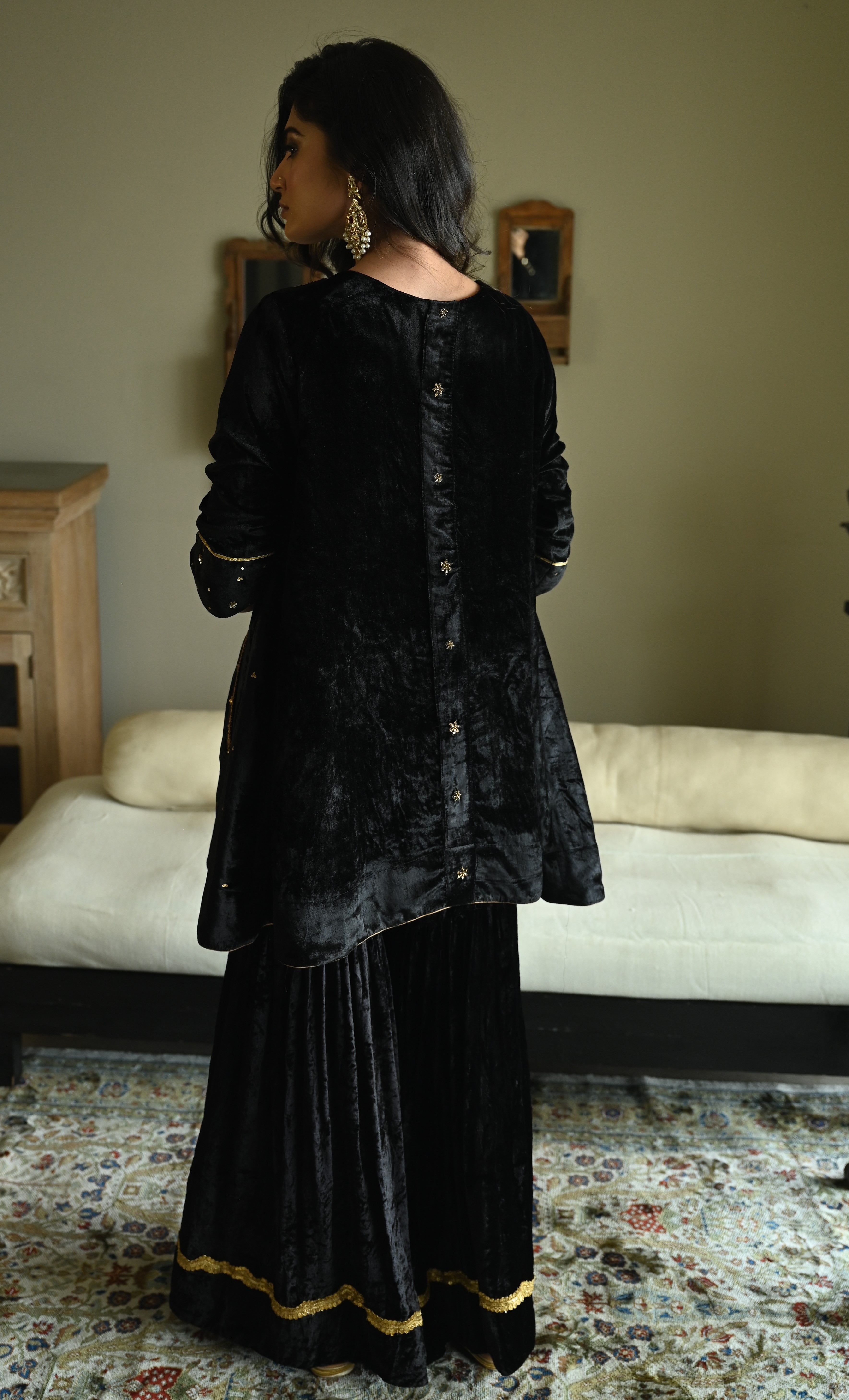 Sunehera Kurta in Black Velvet  with Black Velvet Sharara