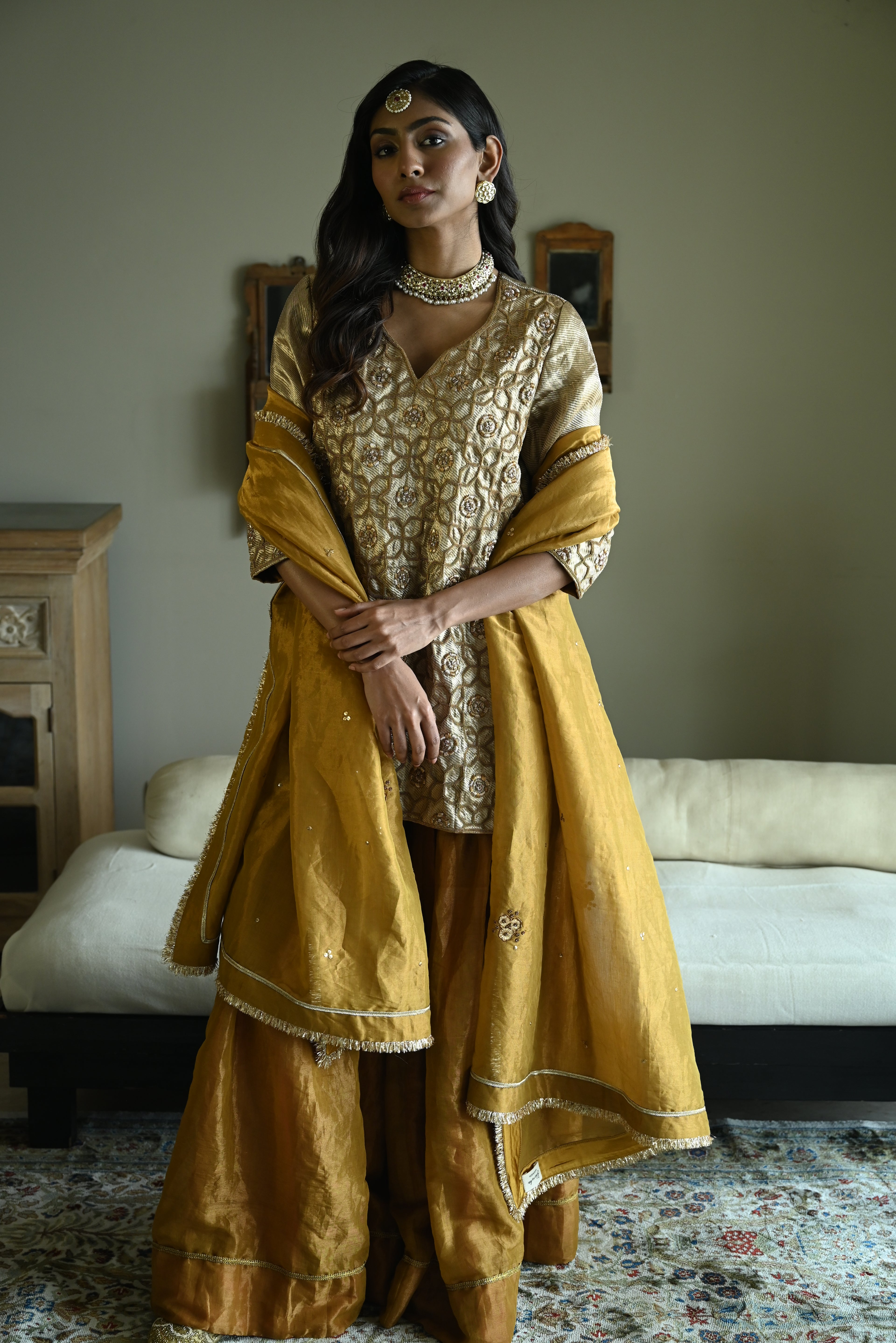 Sitara Kurta in Gold Brocade with Gold Tissue Sharara