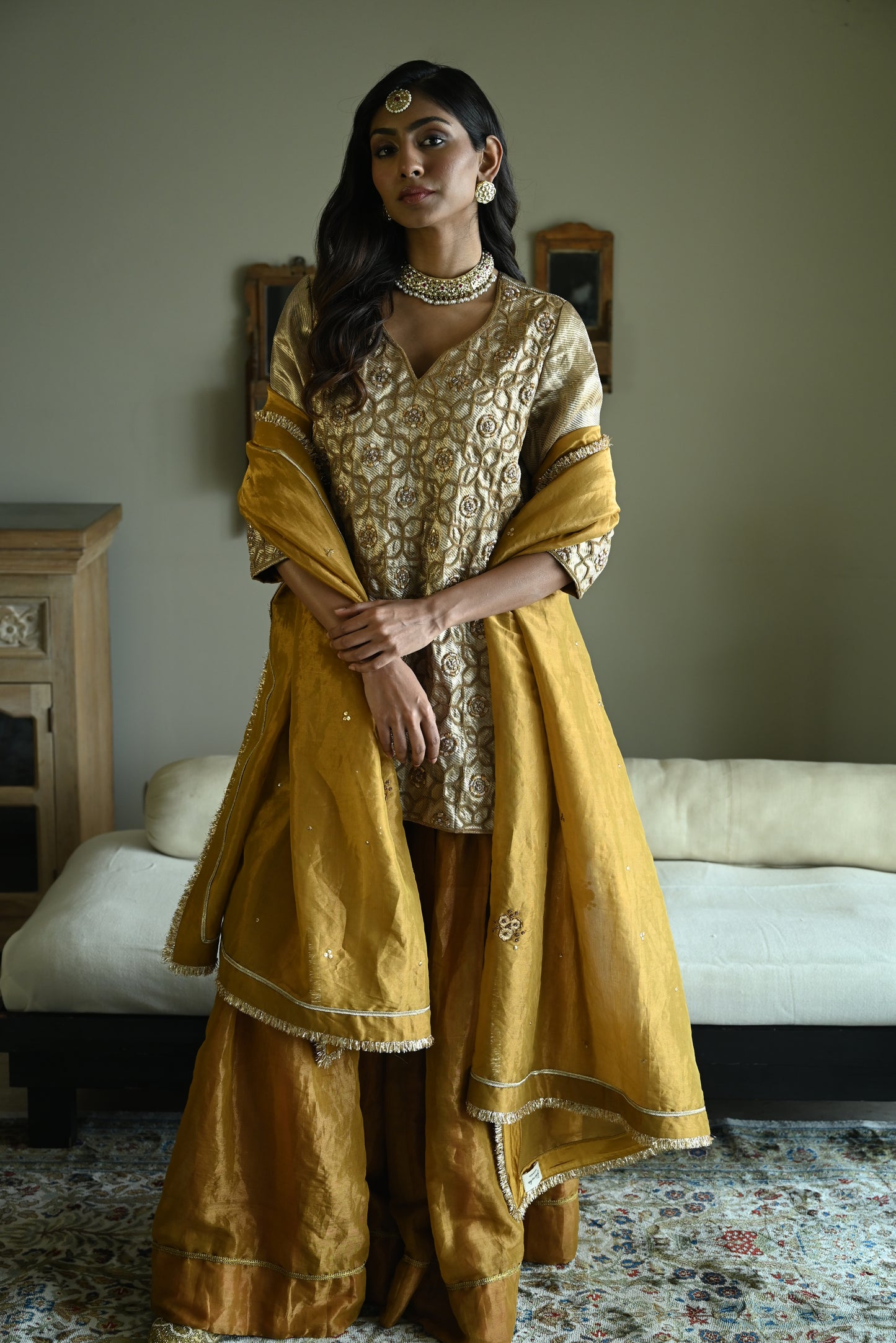 Sitara Kurta in Gold Brocade with Gold Tissue Sharara
