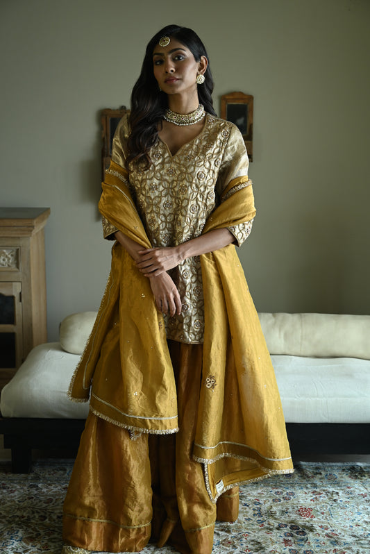 Sitara Kurta in Gold Brocade with Gold Tissue Sharara