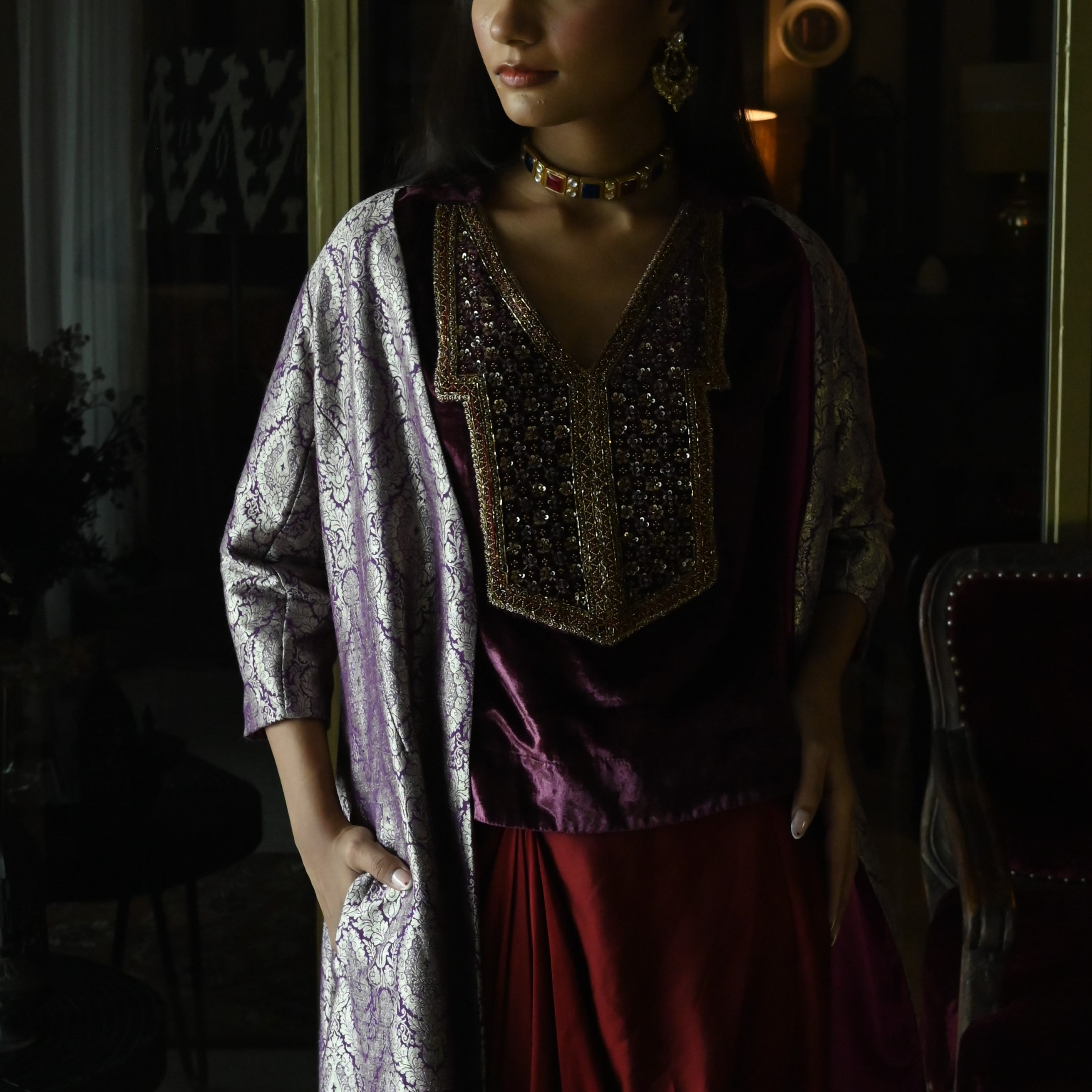 Judy Jacket in Purple Brocade