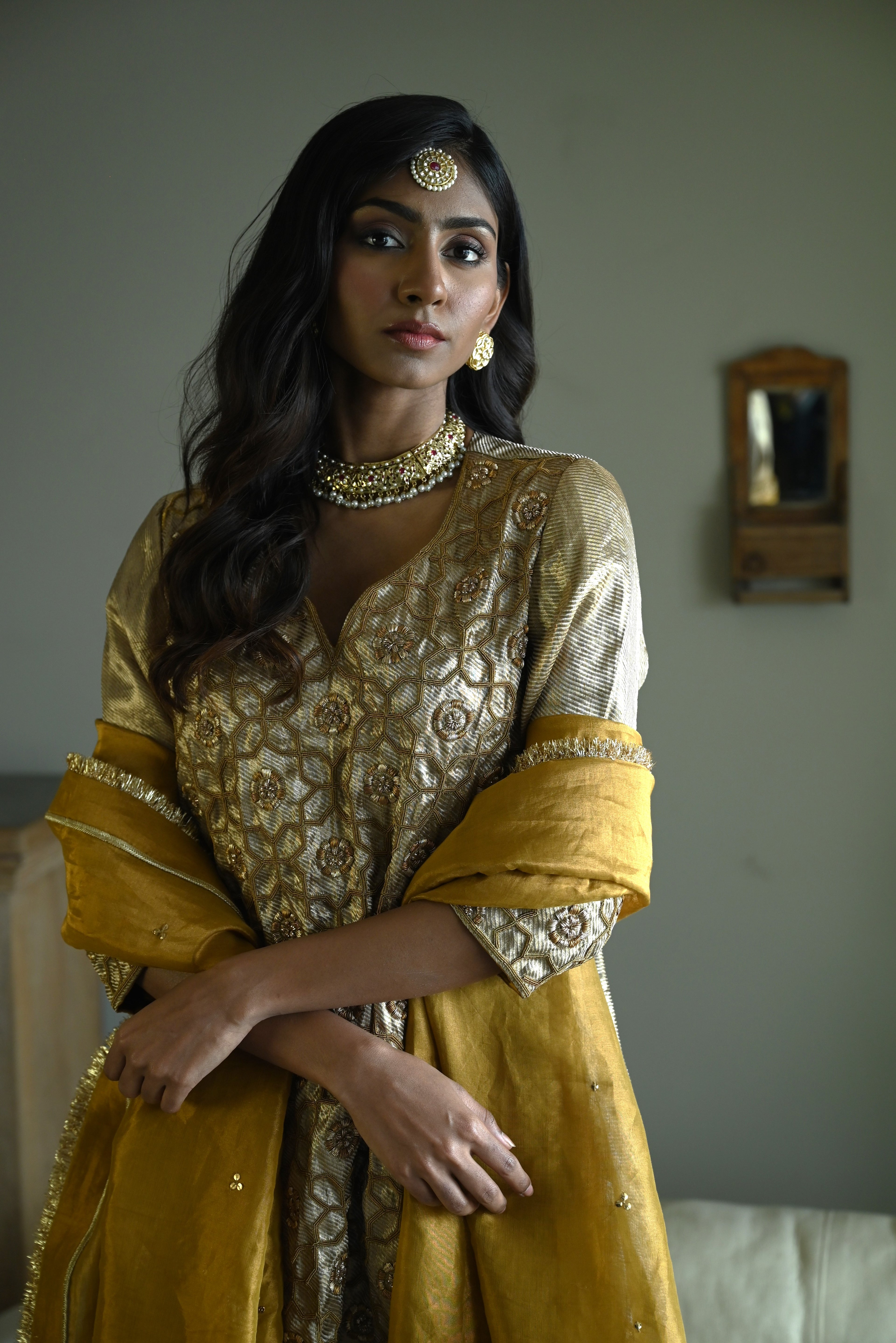 Sitara Kurta in Gold Brocade with Gold Tissue Sharara
