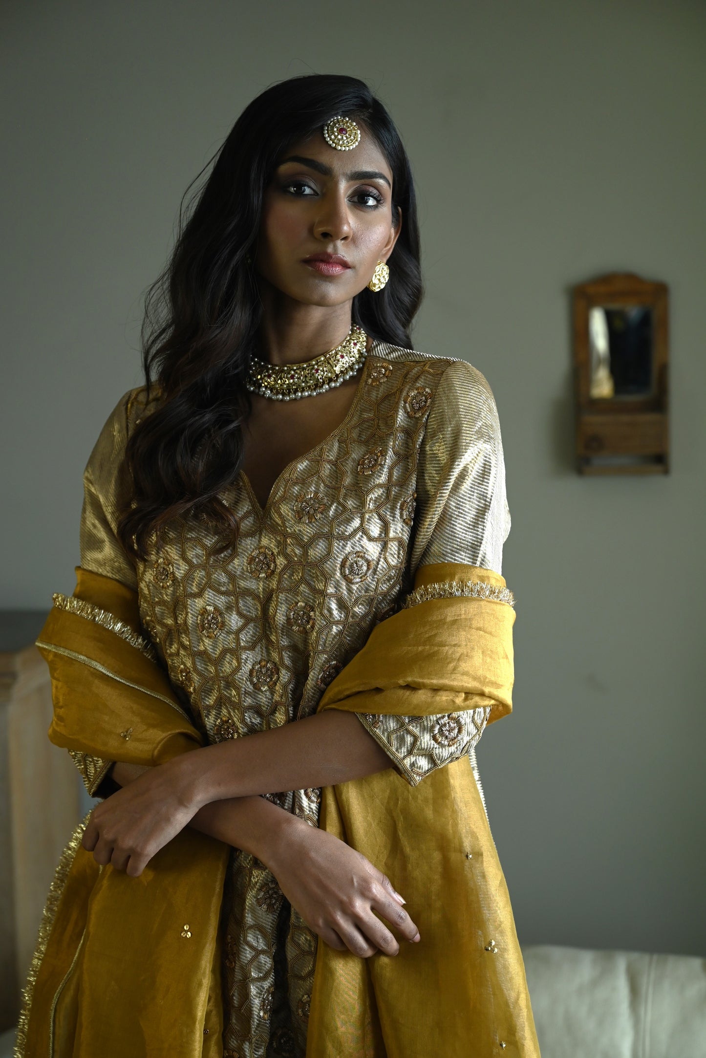 Sitara Kurta in Gold Brocade with Gold Tissue Sharara