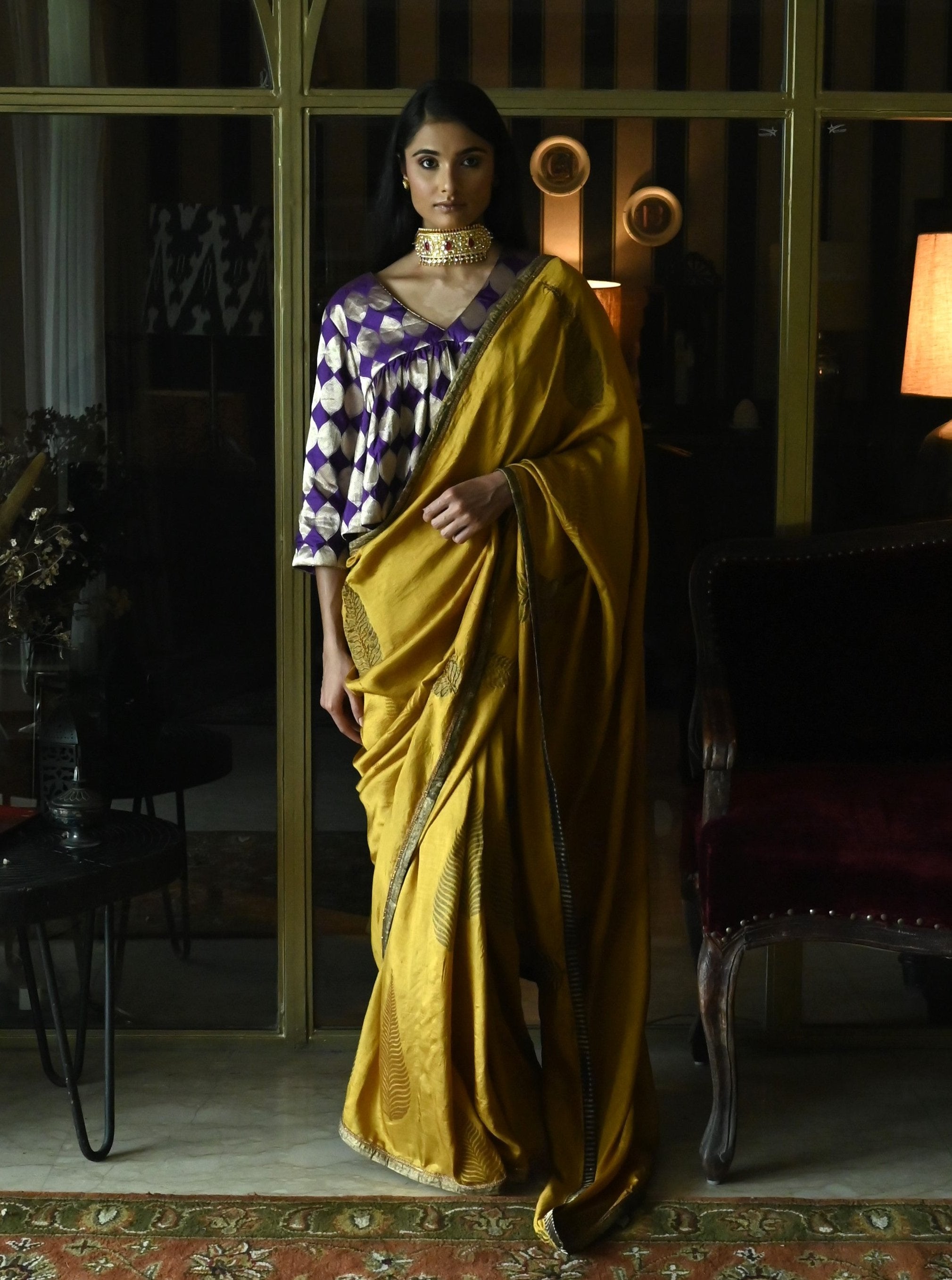 Haldi Patta Print Saree in Ochre Pure Silk